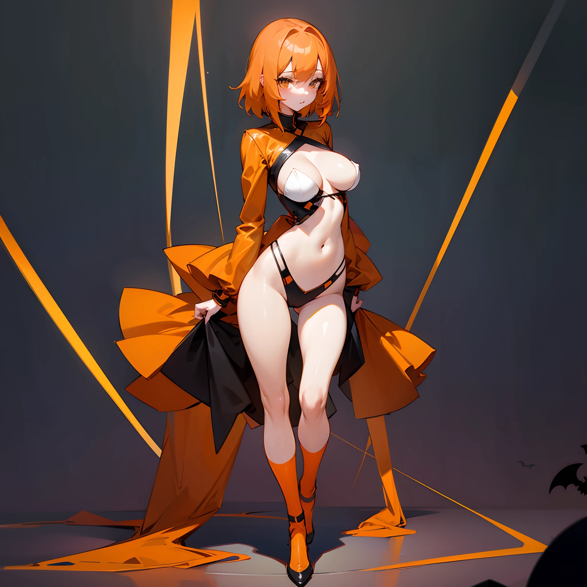 1girl, solo, Standing, skinny, Anime girl, orange hair, large breasts, sexy, revealing outfit, Halloween theme, full body shot