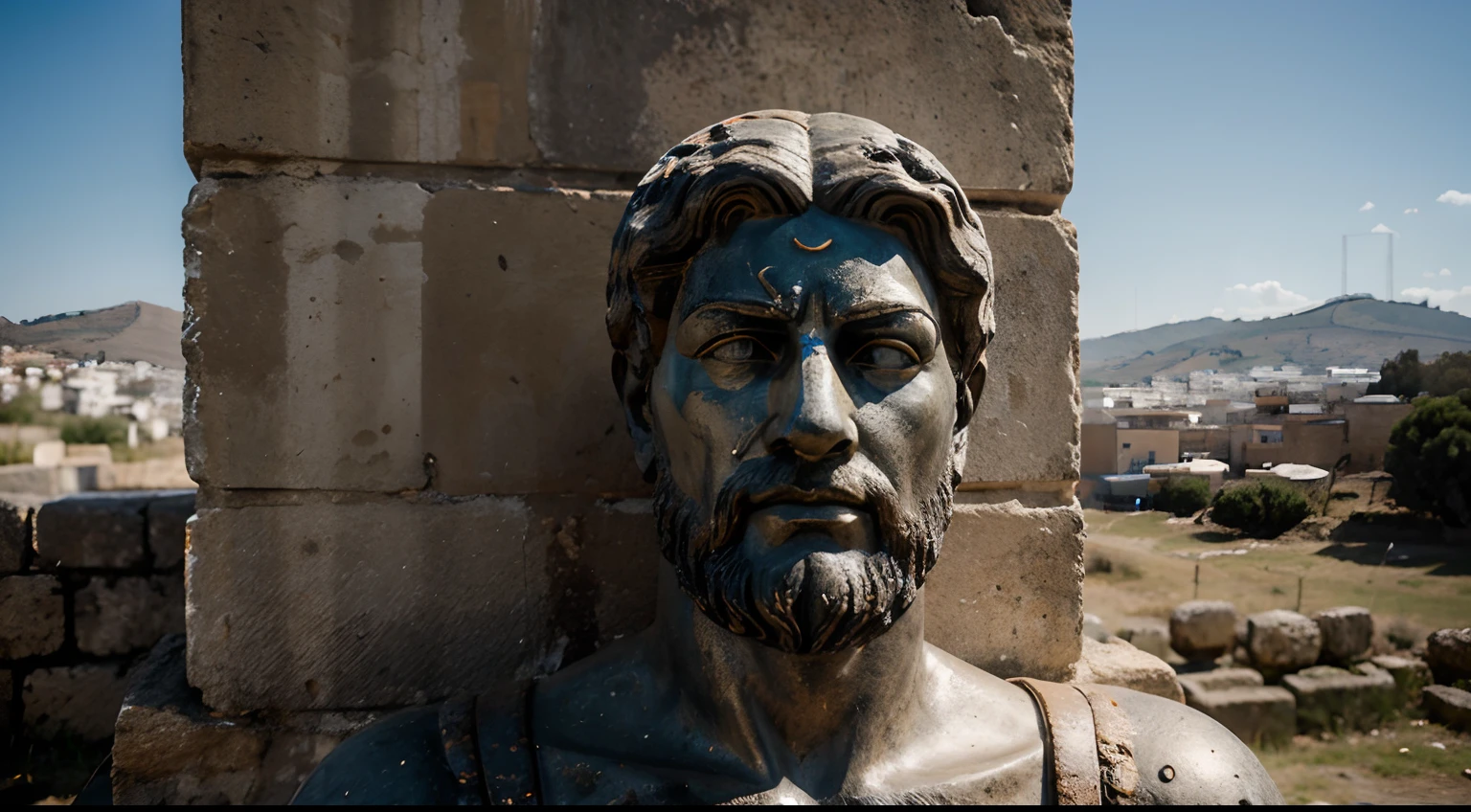 Ancient Stoic Statue With Very Angry Expression, tem barba, muitos detalhes em ambos os olhos, Outside, fundo atenas grego, open sky, com rosto extremamente detalhado full body view, Colors with low saturation with dark tone, Filmado em Sony A7S III com Sony FE 35mm f/1.8, 12.1 MP, --AR 3:2 --estilo cru