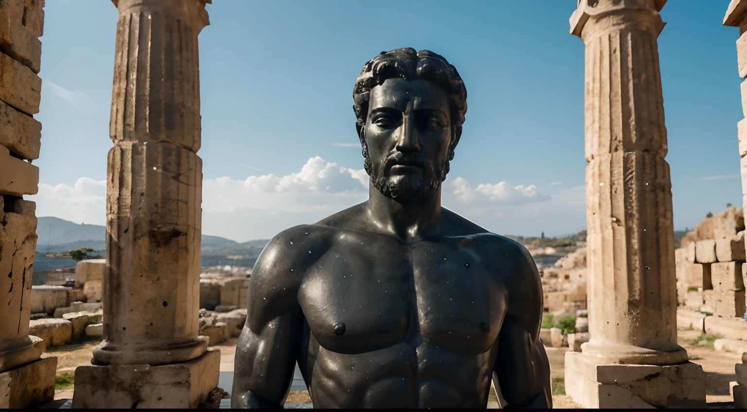 Ancient Stoic Statue With Very Angry Expression, tem barba, muitos detalhes em ambos os olhos, Outside, fundo atenas grego, open sky, com rosto extremamente detalhado full body view, Colors with low saturation with dark tone, Filmado em Sony A7S III com Sony FE 35mm f/1.8, 12.1 MP, --AR 3:2 --estilo cru