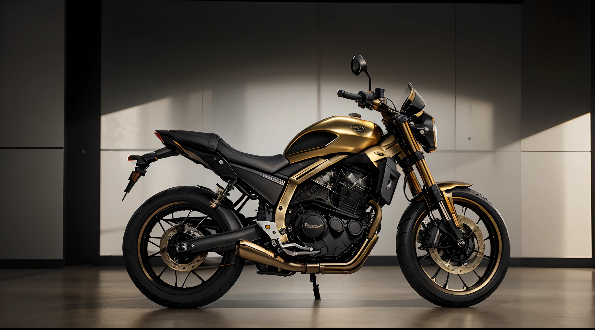 there is a gold motorcycle with a black seat and a black seat, octane engine render 8k hdr, cycles engine, hyper detailed 3d render, hyper detailed 3 d render, cycles render engine, hyper realistic detailed render, octane engine render, cycles render 4k, cycles 3 d render, hyper realistic 3 d render, shiny brass, hyper realistic render