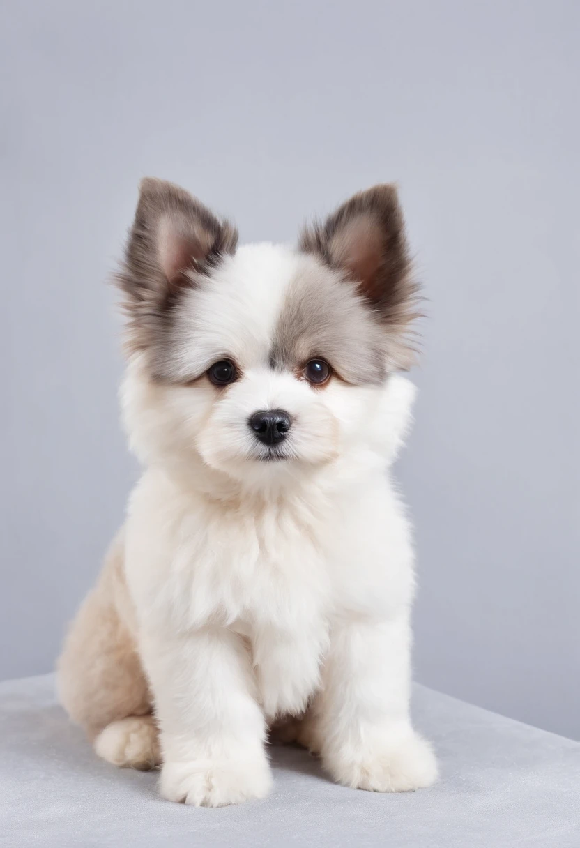 Fluffy and,Adorable stuffed dog、Although the dog's body is covered with snow-white fur、Only both ears are black in color