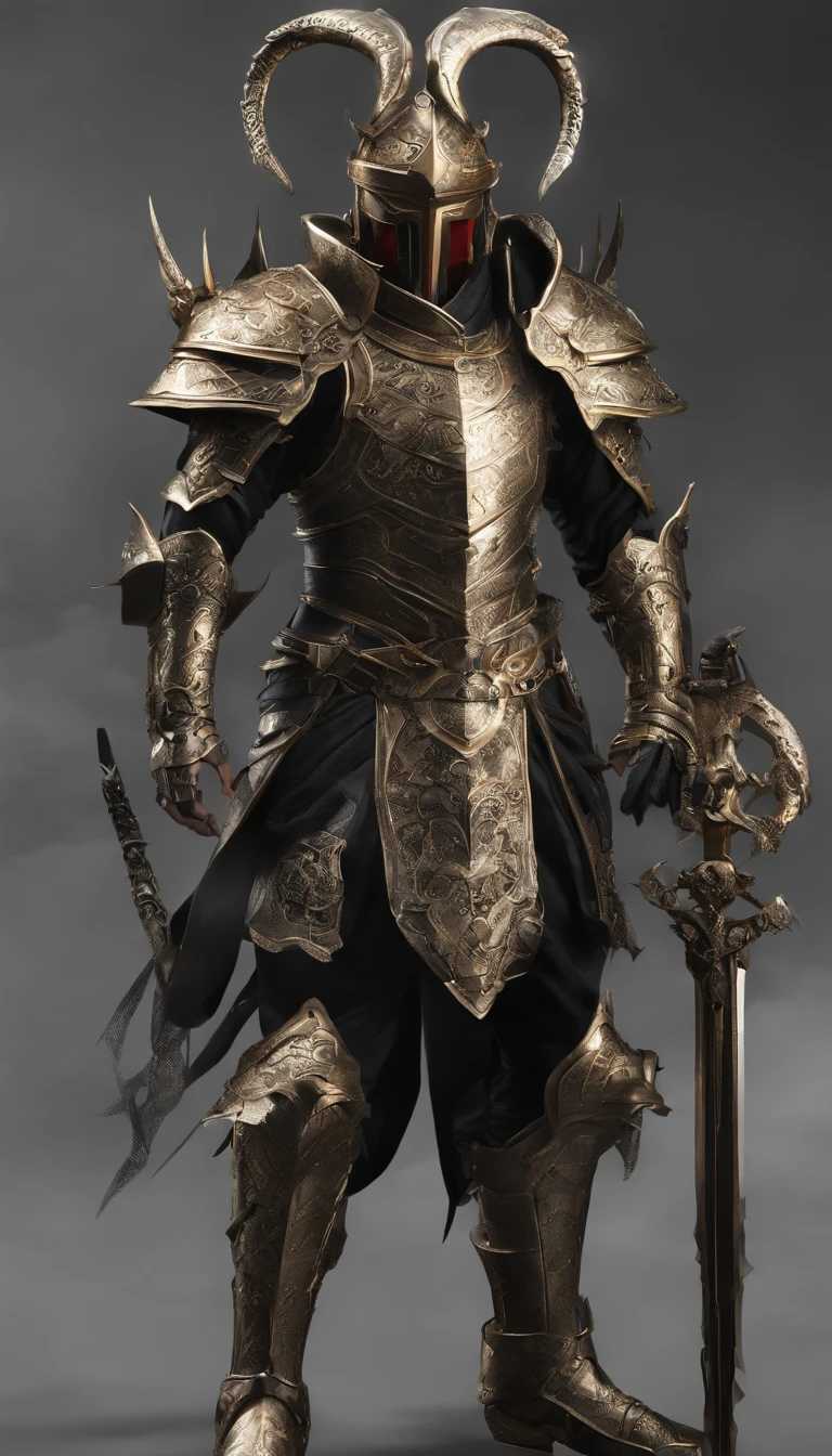 warrior, concept-art, author:Kishiganku, Fantasy art, battleground background, clean render, a horned, Wear a suit of armor, Detailed bushido form smoke, helmet of a forgotten deity, character is standing, 8k Realistic, in game render, detailed face background detail, Art station front page, taur, Pseudo-medieval fantasy, A deity wearing koi armor, detailed bronze armor, Bronze armor, golden etched armor, gold obsidian armor, Light gold armor, Gorgeous filigree armor, A demonic warrior, Gorgeous armor full of thorns, Intricate assasin armor, Intricate metal armor, powerful warrior, Dressed in gorgeous gold armor,Decorated with intricate patterns, The helmet has a large crown and two horns,Glowing red eyes, Everything is in the dark, The smoky background alludes to battle scenes, Add an ominous aura to his character,submission, Full body shot.