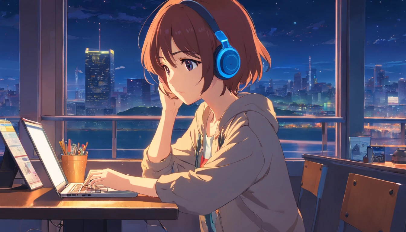 Anime girl sitting at table with laptop and headphones inside, night view in window, ZERO Girl, Compliment Art Style, Lofi Portrait, Lofi Art, Lofi Sensation, zero, ZERO vibes, Chillhop, lofi girl aesthetic, Lo-fi Art, ZERO color, lo-fi style illustration, Hip Hop Lofi, lofi aesthetic