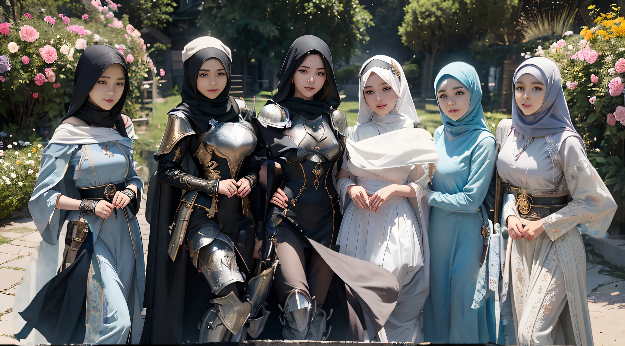 beautiful girl in hijab, whole body covered by battle armor