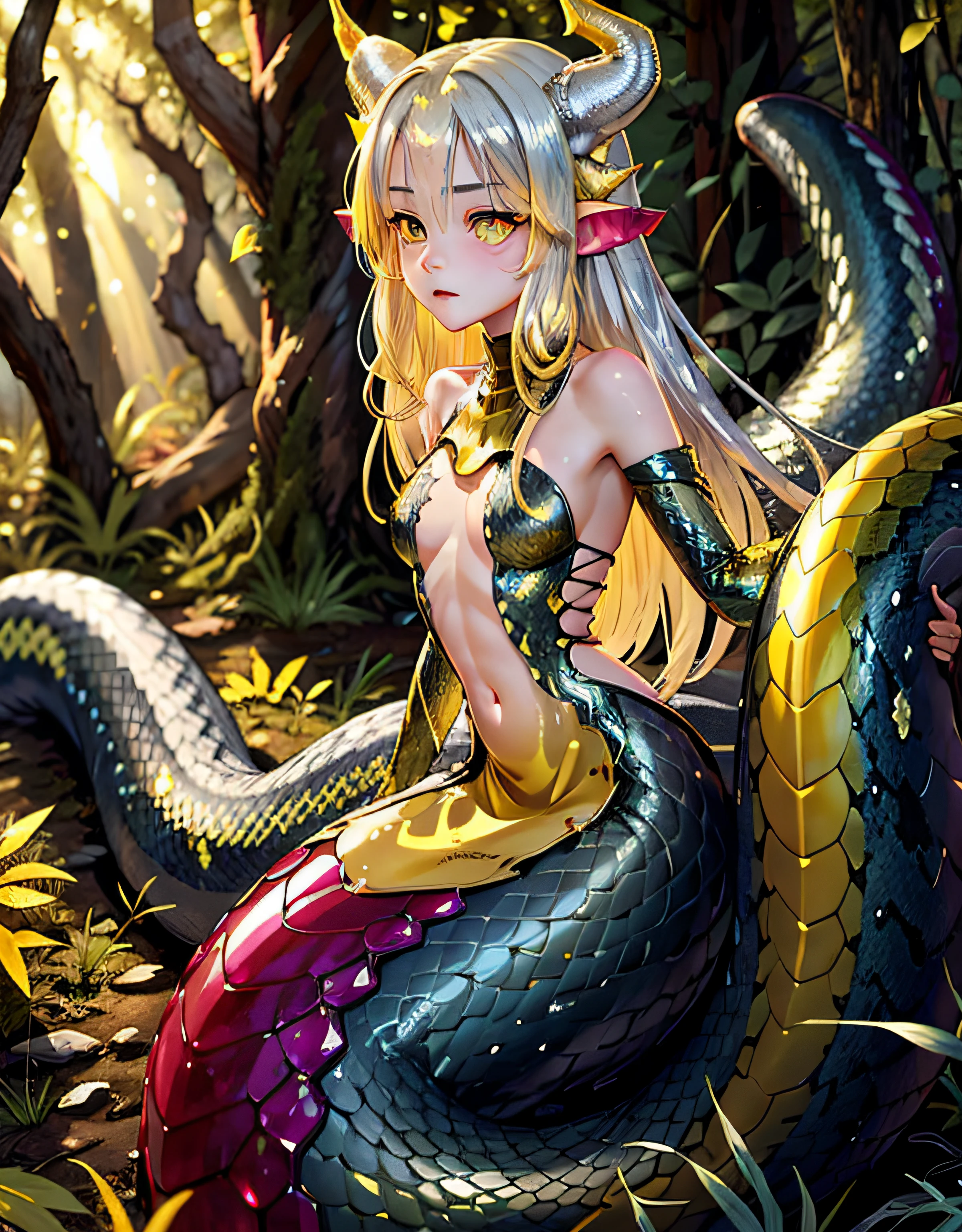 detailed snake skin, (Adult ), solo focus, (lamia), stoic, monster girl, (short horns), beautiful eyes, beautiful background, abandoned cabin, forest, light particles, sun rays, dramatic lighting, outside, grass, leaves, shiny (yellow, ruby, sliver gradient:1.5), realistic, masterpiece, best quality, ultra-detailed, detailed, scenery, beautiful detailed eyes, detailed blonde hair