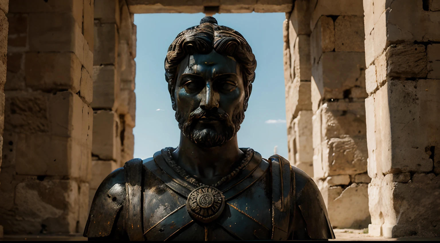 Ancient Stoic Statue With Very Angry Expression, tem barba, muitos detalhes em ambos os olhos, Outside, fundo atenas grego, open sky, com rosto extremamente detalhado full body view, Colors with low saturation with dark tone, Filmado em Sony A7S III com Sony FE 35mm f/1.8, 12.1 MP, --AR 3:2 --estilo cru