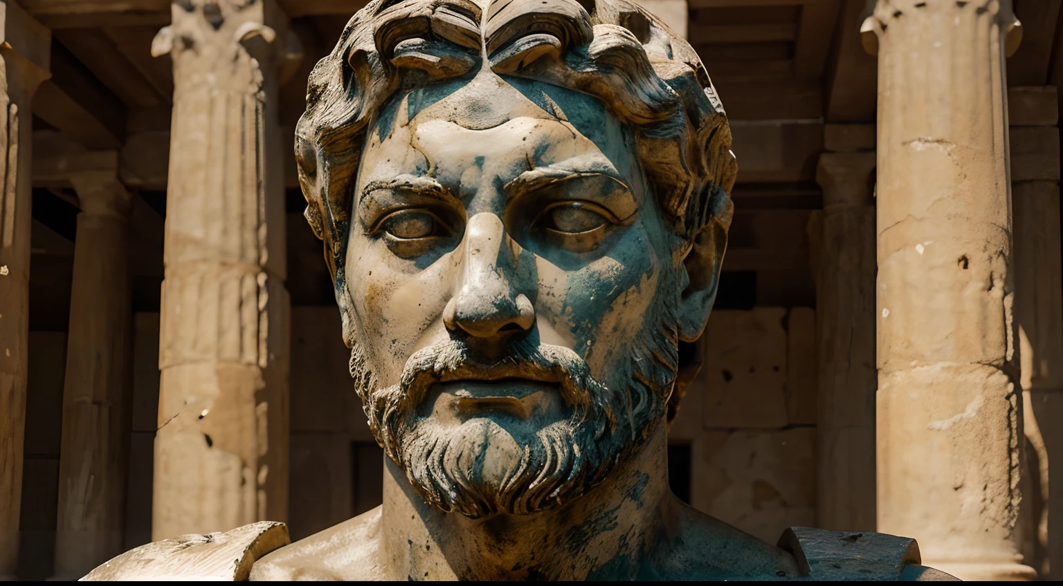 Ancient Stoic Statue With Very Angry Expression, tem barba, muitos detalhes em ambos os olhos, Outside, fundo atenas grego, open sky, com rosto extremamente detalhado full body view, Colors with low saturation with dark tone, Filmado em Sony A7S III com Sony FE 35mm f/1.8, 12.1 MP, --AR 3:2 --estilo cru