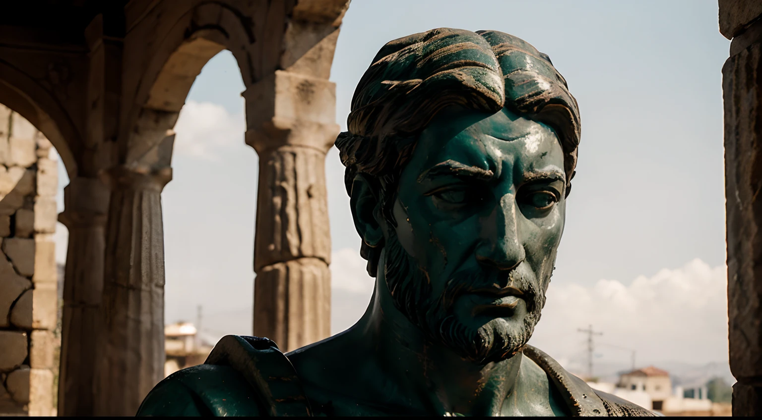 Ancient Stoic Statue With Very Angry Expression, tem barba, muitos detalhes em ambos os olhos, Outside, fundo atenas grego, open sky, com rosto extremamente detalhado full body view, Colors with low saturation with dark tone, Filmado em Sony A7S III com Sony FE 35mm f/1.8, 12.1 MP, --AR 3:2 --estilo cru