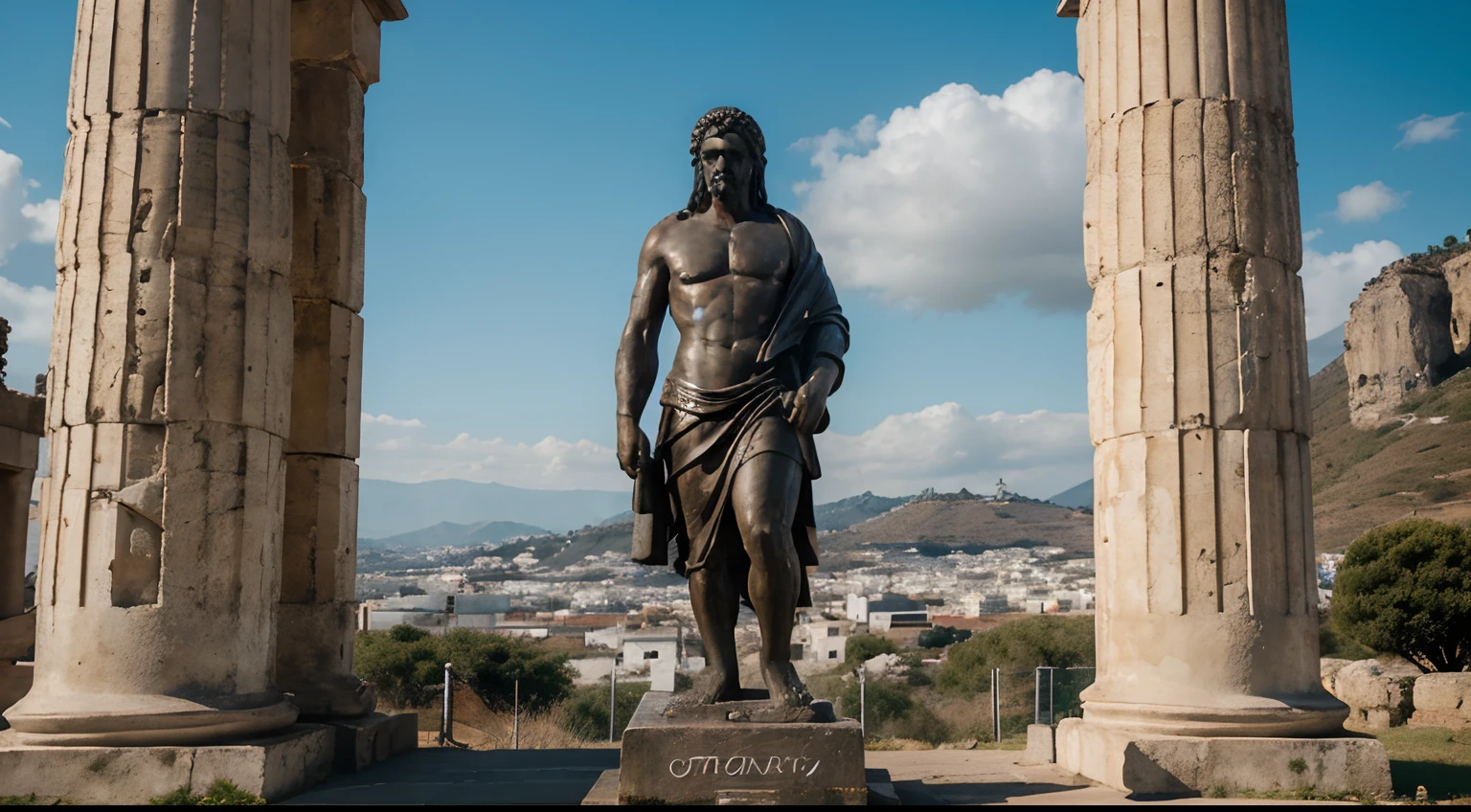 Ancient Stoic Statue With Very Angry Expression, tem barba, muitos detalhes em ambos os olhos, Outside, fundo atenas grego, open sky, com rosto extremamente detalhado full body view, Colors with low saturation with dark tone, Filmado em Sony A7S III com Sony FE 35mm f/1.8, 12.1 MP, --AR 3:2 --estilo cru