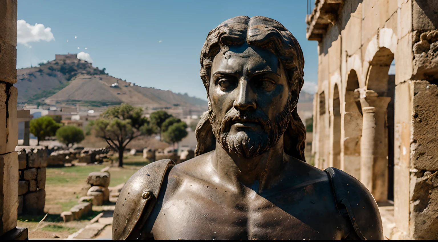 Ancient Stoic Statue With Very Angry Expression, tem barba, muitos detalhes em ambos os olhos, Outside, fundo atenas grego, open sky, com rosto extremamente detalhado full body view, Colors with low saturation with dark tone, Filmado em Sony A7S III com Sony FE 35mm f/1.8, 12.1 MP, --AR 3:2 --estilo cru