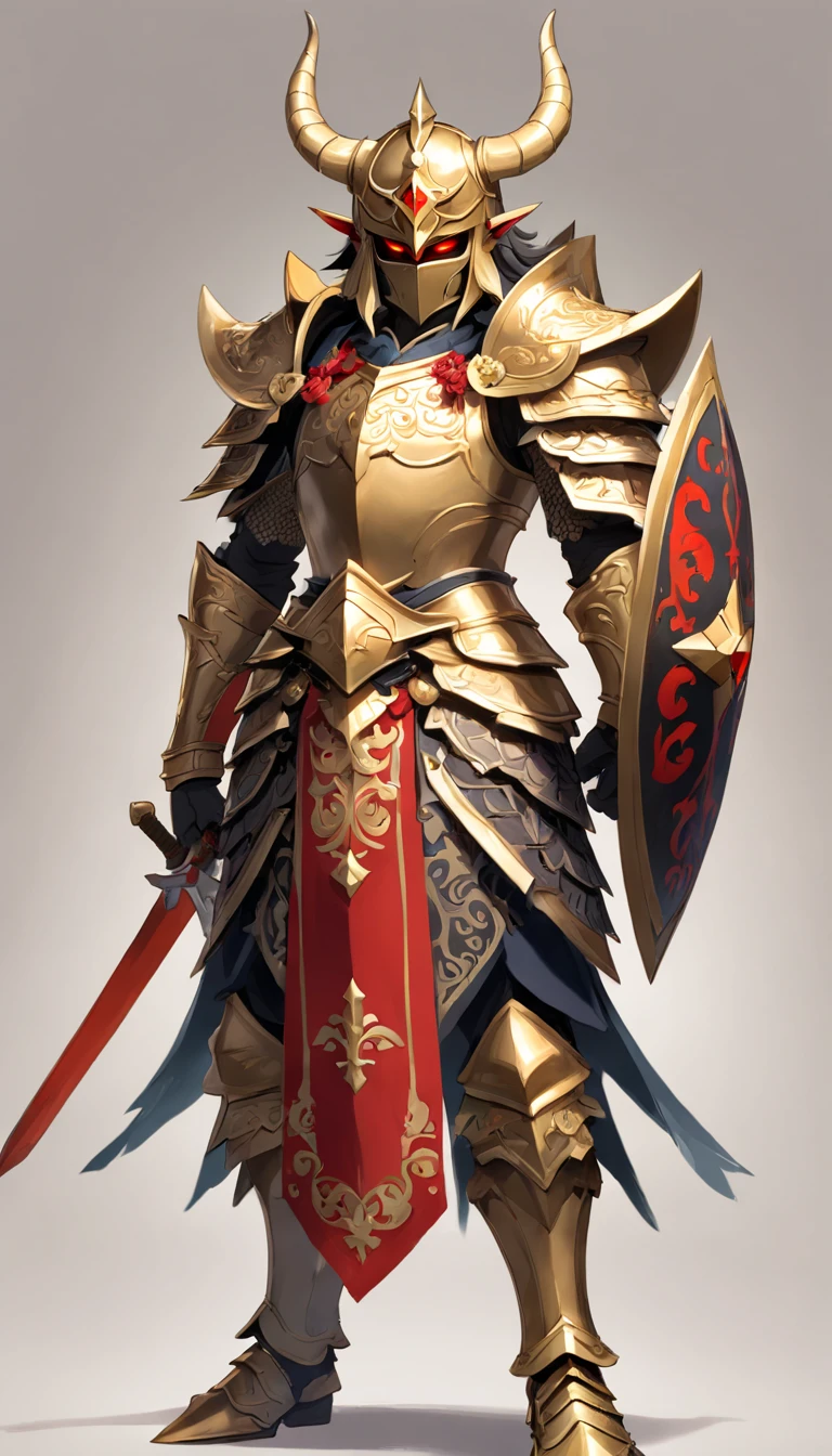 warrior, concept-art, author:Kishiganku, Fantasy art, battleground background, clean render, a horned, Wear a suit of armor, Detailed bushido form smoke, helmet of a forgotten deity, character is standing, 8k Realistic, in game render, detailed face background detail, Art station front page, taur, Pseudo-medieval fantasy, A deity wearing koi armor, detailed bronze armor, Bronze armor, golden etched armor, gold obsidian armor, Light gold armor, Gorgeous filigree armor, A demonic warrior, Gorgeous armor full of thorns, Intricate assasin armor, Intricate metal armor, powerful warrior, Dressed in gorgeous gold armor,Decorated with intricate patterns, The helmet has a large crown and two horns,Glowing red eyes, Everything is in the dark, The smoky background alludes to battle scenes, Add an ominous aura to his character,submission, Full body shot.