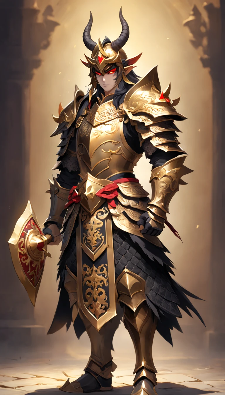 warrior, concept-art, author:Kishiganku, Fantasy art, battleground background, clean render, a horned, Wear a suit of armor, Detailed bushido form smoke, helmet of a forgotten deity, character is standing, 8k Realistic, in game render, detailed face background detail, Art station front page, taur, Pseudo-medieval fantasy, A deity wearing koi armor, detailed bronze armor, Bronze armor, golden etched armor, gold obsidian armor, Light gold armor, Gorgeous filigree armor, A demonic warrior, Gorgeous armor full of thorns, Intricate assasin armor, Intricate metal armor, powerful warrior, Dressed in gorgeous gold armor,Decorated with intricate patterns, The helmet has a large crown and two horns,Glowing red eyes, Everything is in the dark, The smoky background alludes to battle scenes, Add an ominous aura to his character,submission, Full body shot.