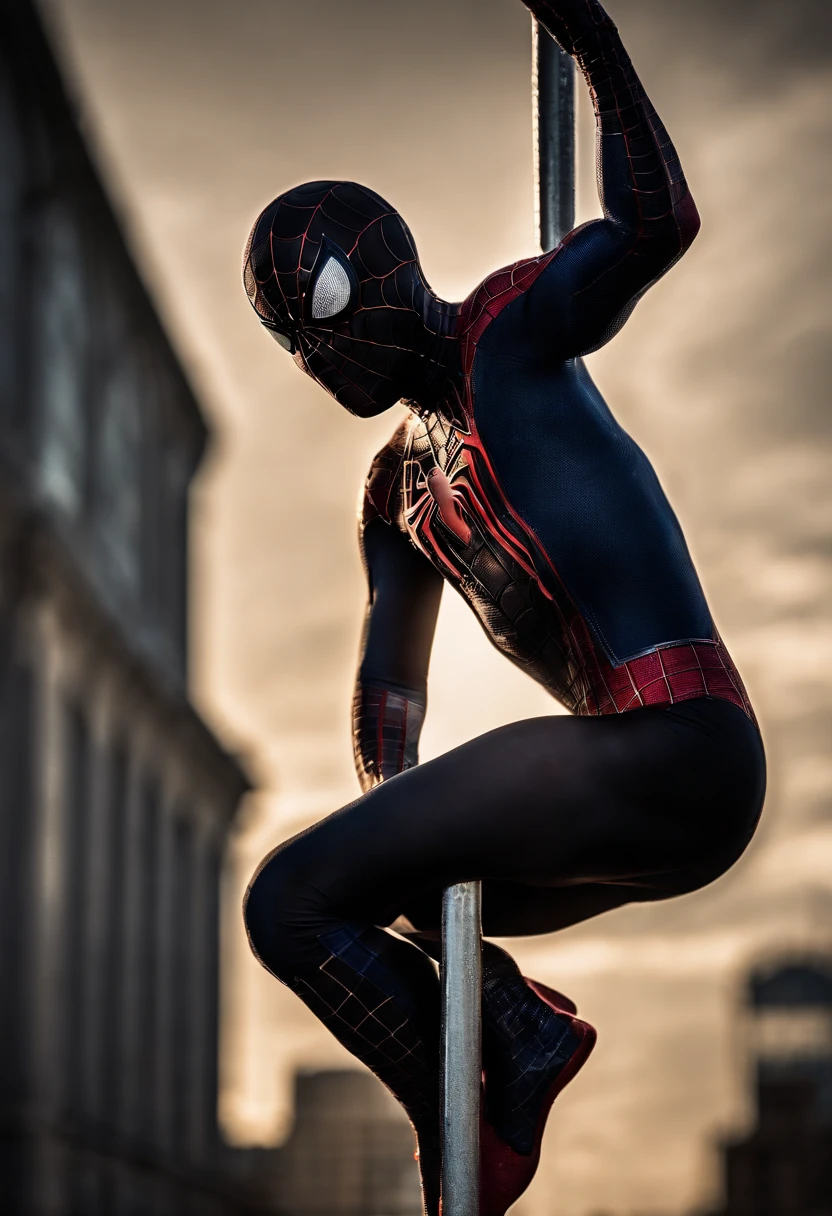 Spiderman as a stripper dancing around a pole, for cash, money falling from the sky, cinematic light, dramatic, crystal clear image