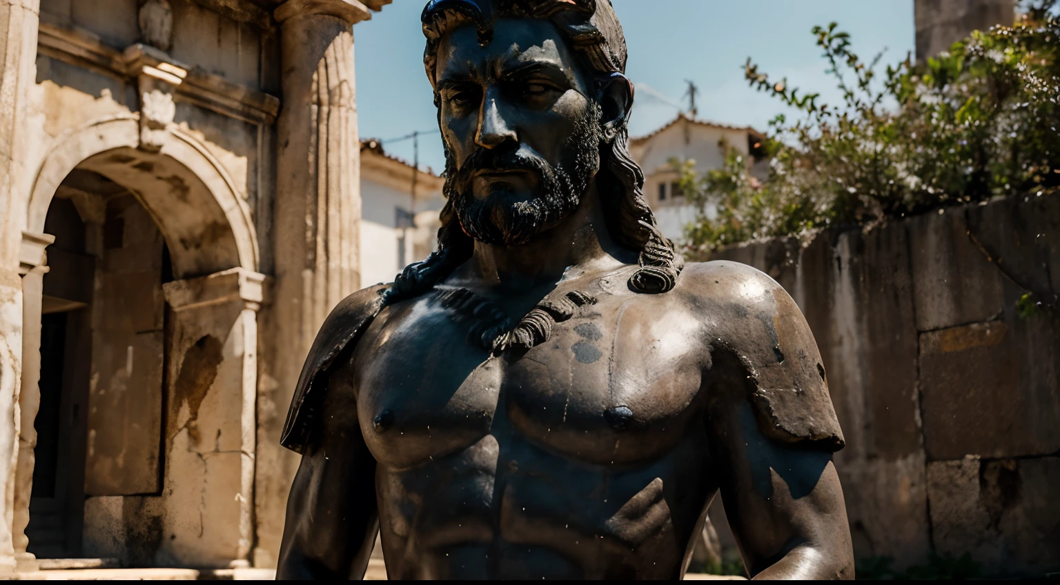 Ancient Stoic Statue With Very Angry Expression, tem barba, muitos detalhes em ambos os olhos, Outside, fundo atenas grego, open sky, com rosto extremamente detalhado full body view, Colors with low saturation with dark tone, Filmado em Sony A7S III com Sony FE 35mm f/1.8, 12.1 MP, --AR 3:2 --estilo cru