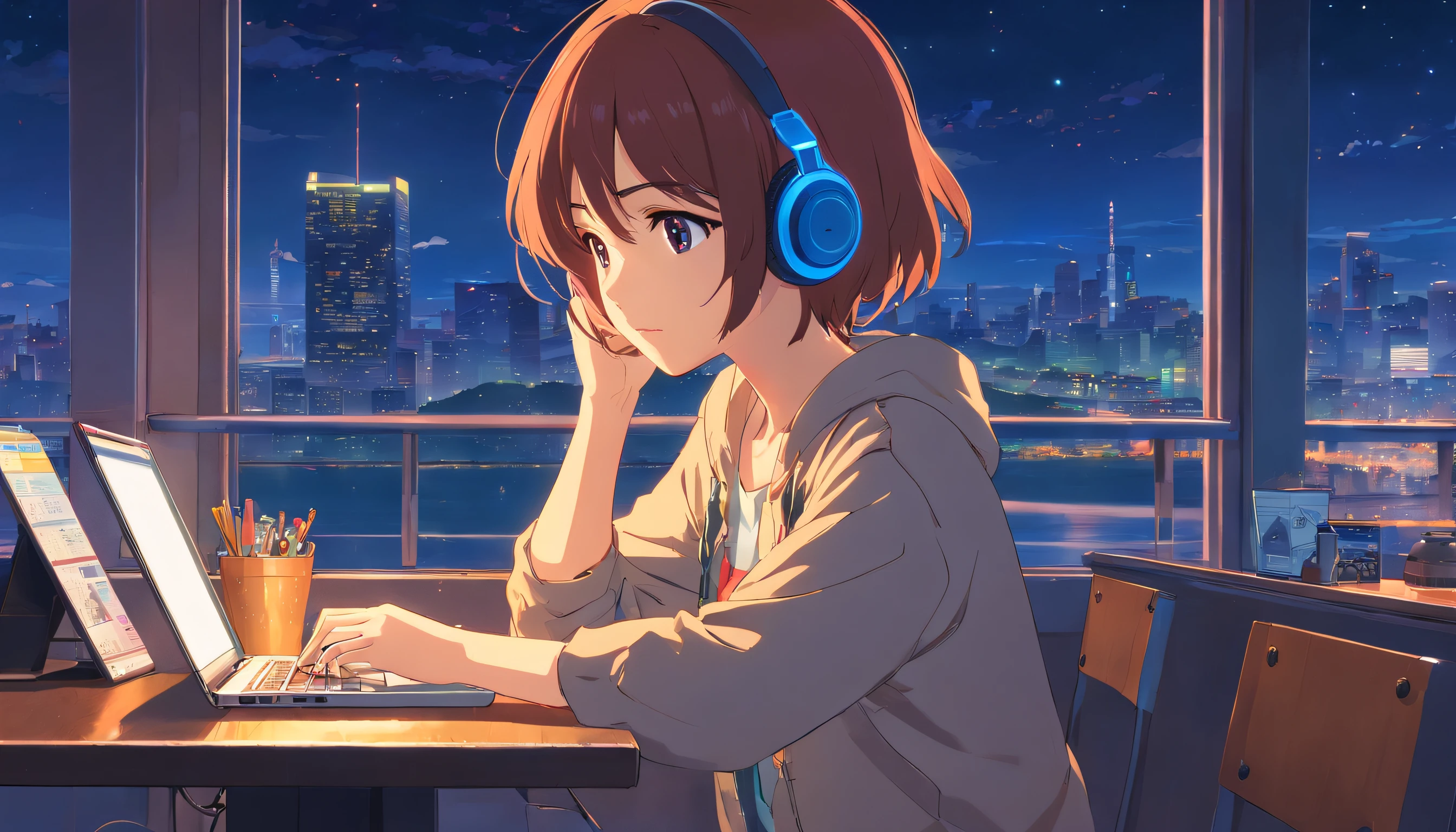 Anime girl sitting at table with laptop and headphones inside, night view in window, ZERO Girl, Compliment Art Style, Lofi Portrait, Lofi Art, Lofi Sensation, zero, ZERO vibes, Chillhop, lofi girl aesthetic, Lo-fi Art, ZERO color, lo-fi style illustration, Hip Hop Lofi, lofi aesthetic