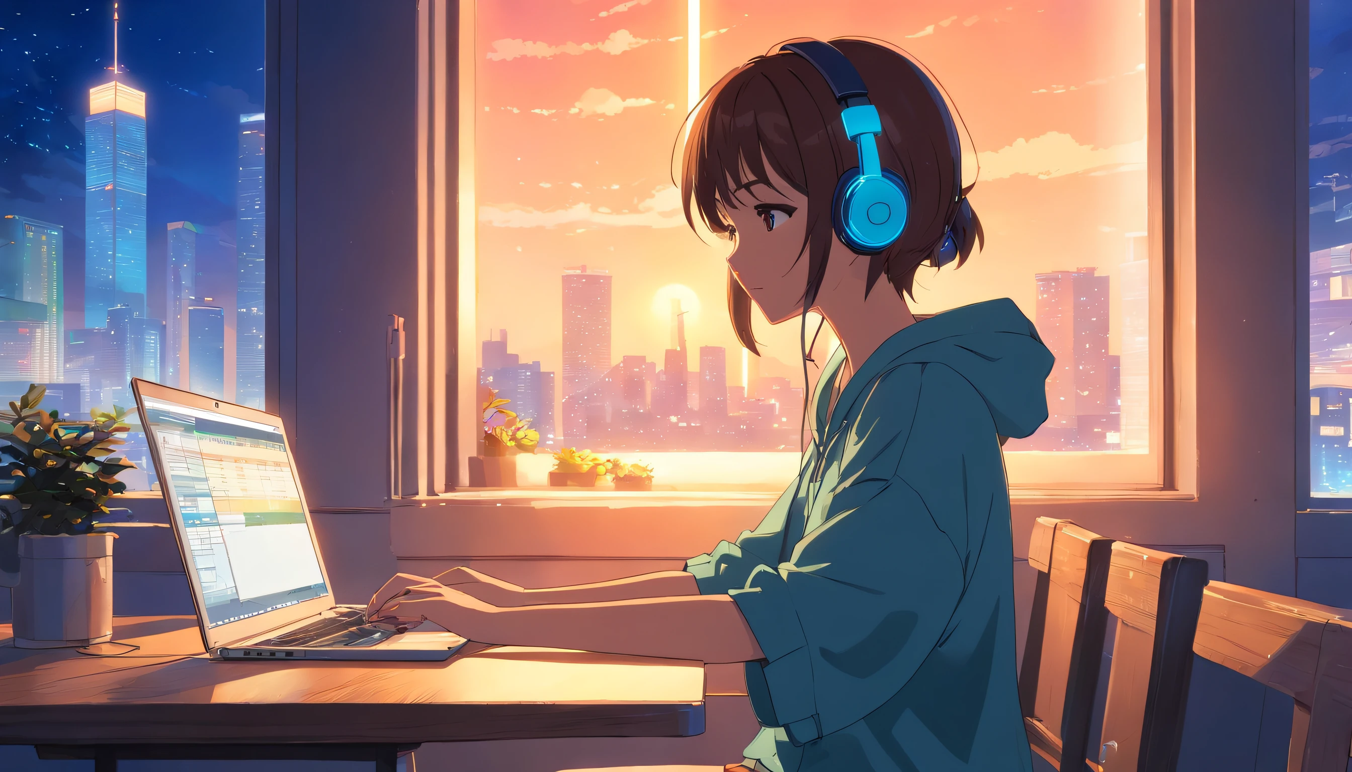 Anime girl sitting at table with laptop and headphones inside, night view in window, ZERO Girl, Compliment Art Style, Lofi Portrait, Lofi Art, Lofi Sensation, zero, ZERO vibes, Chillhop, lofi girl aesthetic, Lo-fi Art, ZERO color, lo-fi style illustration, Hip Hop Lofi, lofi aesthetic