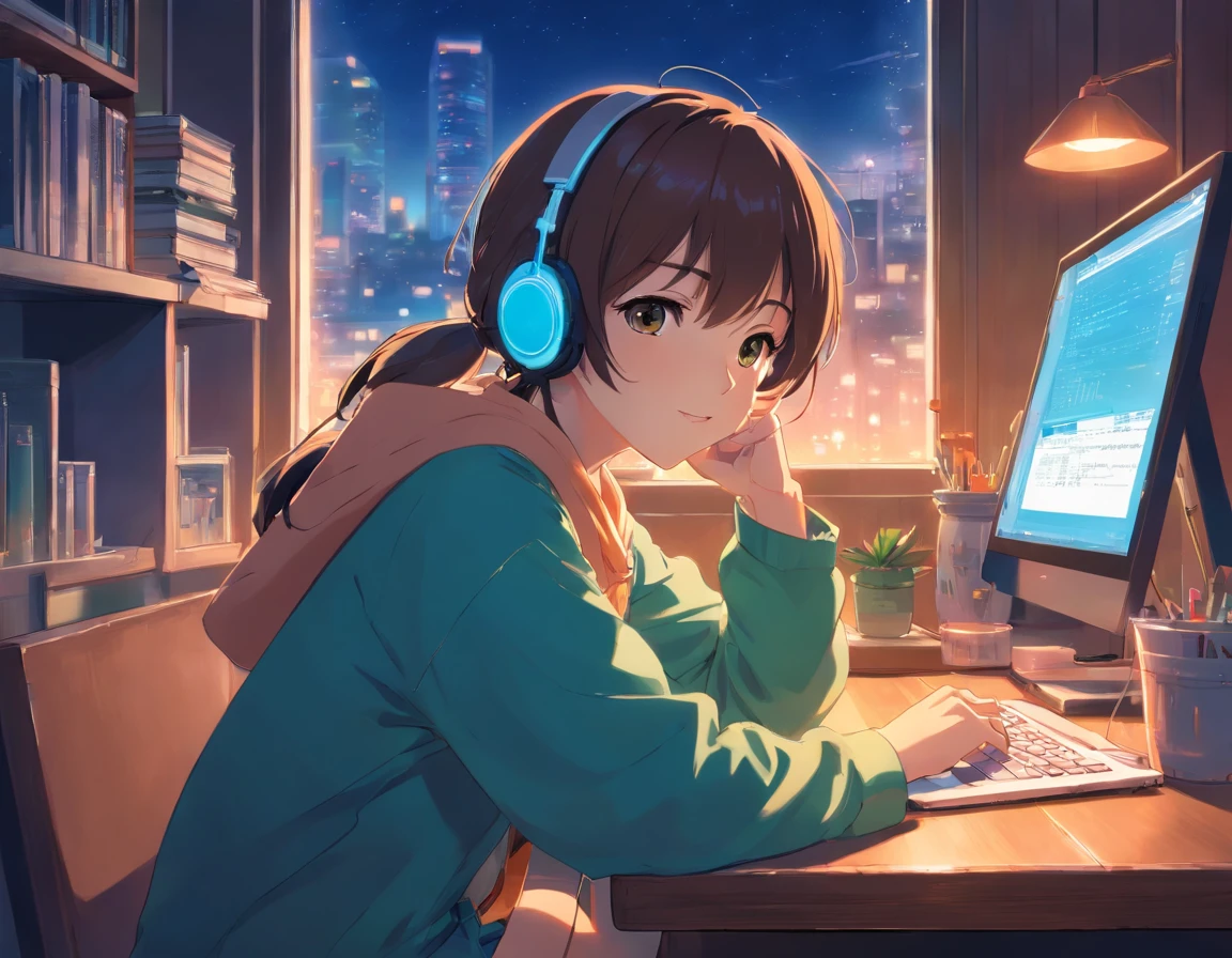 Anime girl sitting at table with laptop and headphones inside, night view in window, ZERO Girl, Compliment Art Style, Lofi Portrait, Lofi Art, Lofi Sensation, zero, ZERO vibes, Chillhop, lofi girl aesthetic, Lo-fi Art, ZERO color, lo-fi style illustration, Hip Hop Lofi, lofi aesthetic