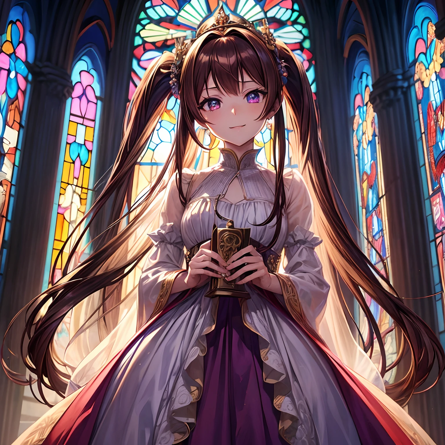 ((masutepiece)), ((Best Quality)), (Ultra-detailed), Illustration, chies, evening, Pretty women, Solo, Princess Long Dress,Looking Up   ,beautiful brown hair, poneyTail, Beautiful purple eyes, ((Beautiful eyes)), Long hair, Sparkling smile,  Light shines through the stained glass windows