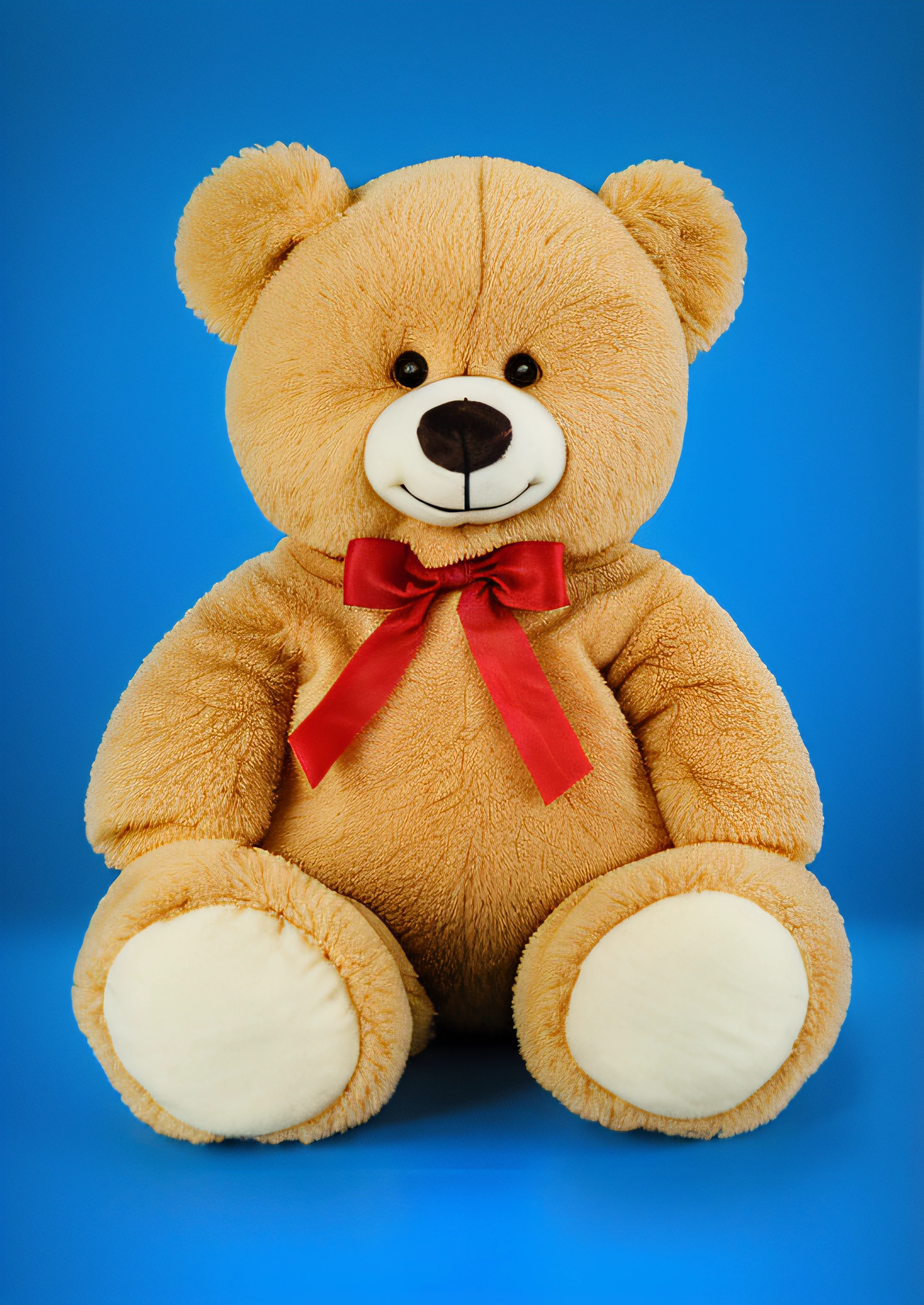 Arafed teddy bear with a red bow sitting on a blue background, teddy bear, stuffed animal, Plushy, stuffed toy, peluche, Brinquedos, Produto eBay fofo, plushie, plush doll, foto comercial do brinquedo, laying teddy bear, titã gigantesco winnie the pooh, holding a teddy bear, fofo e fofinho, brinquedo, plush mascot, Fofinho, then
