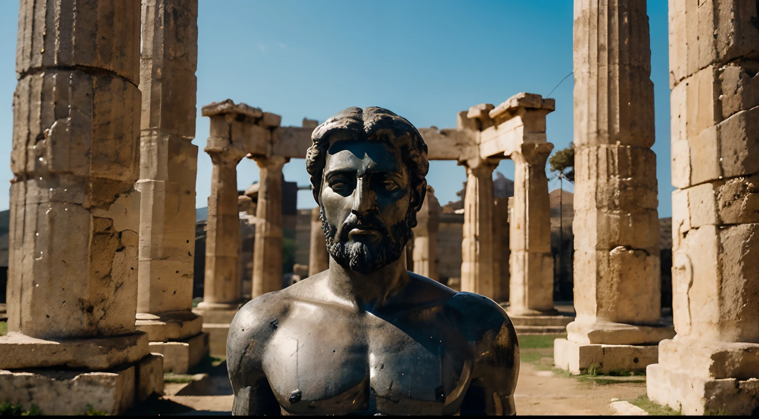 Ancient Stoic Statue With Very Angry Expression, tem barba, muitos detalhes em ambos os olhos, Outside, fundo atenas grego, open sky, com rosto extremamente detalhado full body view, Colors with low saturation with dark tone, Filmado em Sony A7S III com Sony FE 35mm f/1.8, 12.1 MP, --AR 3:2 --estilo cru