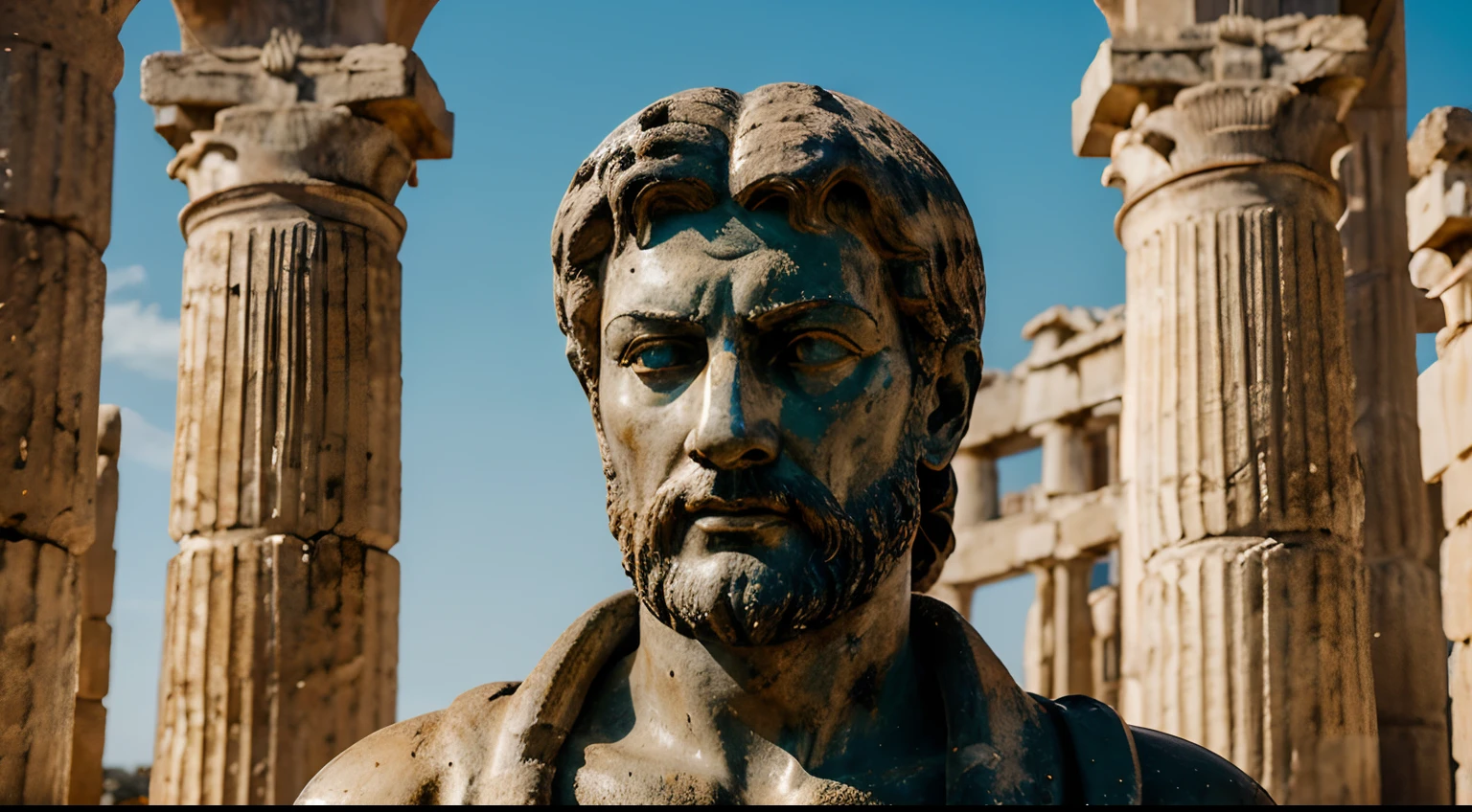 Ancient Stoic Statue With Very Angry Expression, tem barba, muitos detalhes em ambos os olhos, Outside, fundo atenas grego, open sky, com rosto extremamente detalhado full body view, Colors with low saturation with dark tone, Filmado em Sony A7S III com Sony FE 35mm f/1.8, 12.1 MP, --AR 3:2 --estilo cru