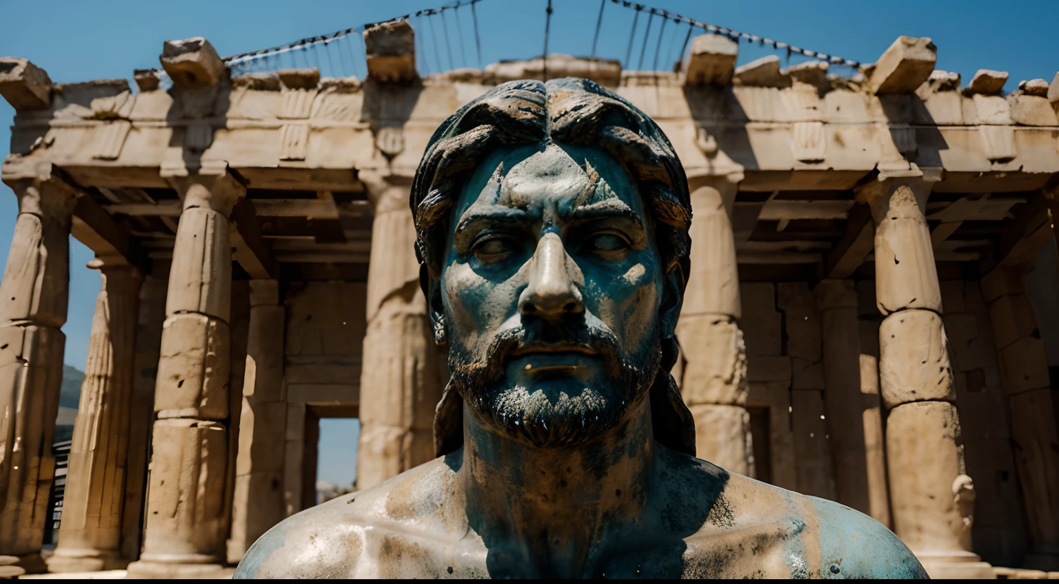 Ancient Stoic Statue With Very Angry Expression, tem barba, muitos detalhes em ambos os olhos, Outside, fundo atenas grego, open sky, com rosto extremamente detalhado full body view, Colors with low saturation with dark tone, Filmado em Sony A7S III com Sony FE 35mm f/1.8, 12.1 MP, --AR 3:2 --estilo cru