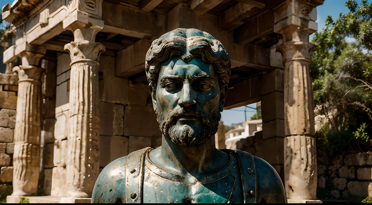 Ancient Stoic Statue With Very Angry Expression, tem barba, muitos detalhes em ambos os olhos, Outside, fundo atenas grego, open sky, com rosto extremamente detalhado full body view, Colors with low saturation with dark tone, Filmado em Sony A7S III com Sony FE 35mm f/1.8, 12.1 MP, --AR 3:2 --estilo cru