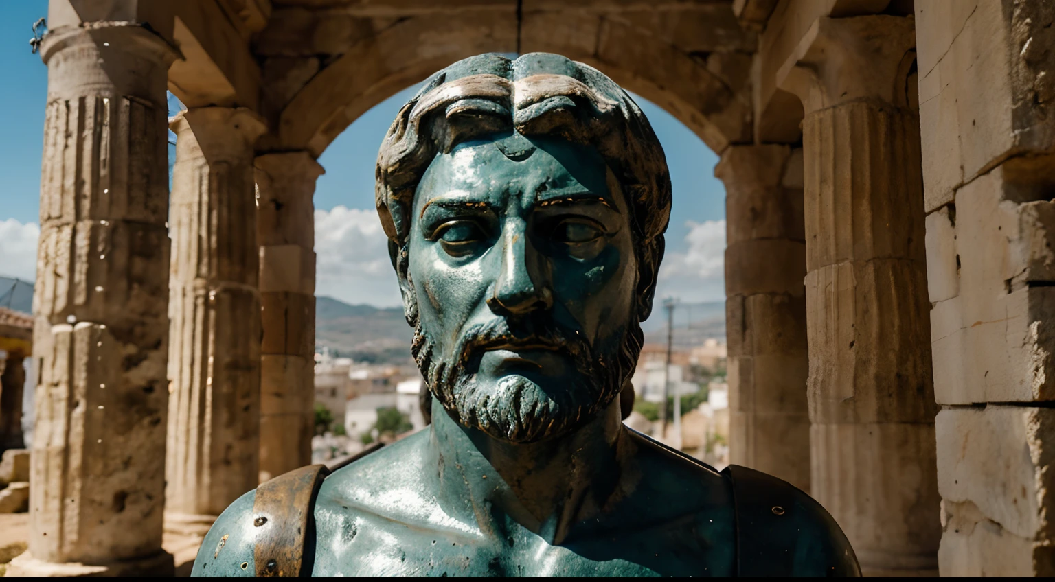 Ancient Stoic Statue With Very Angry Expression, tem barba, muitos detalhes em ambos os olhos, Outside, fundo atenas grego, open sky, com rosto extremamente detalhado full body view, Colors with low saturation with dark tone, Filmado em Sony A7S III com Sony FE 35mm f/1.8, 12.1 MP, --AR 3:2 --estilo cru