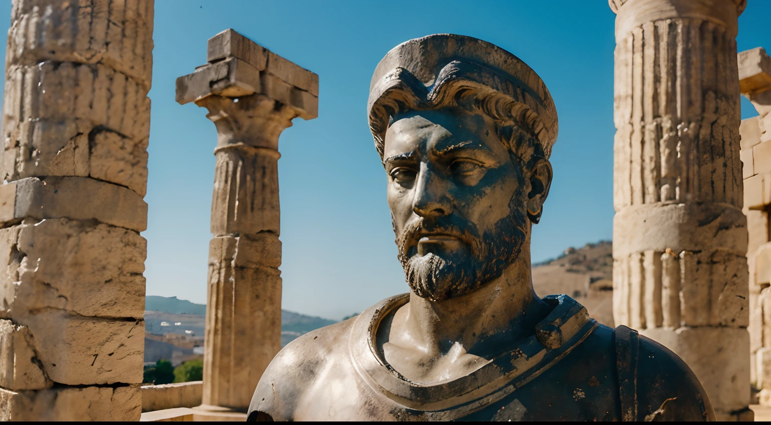 Ancient Stoic Statue With Very Angry Expression, tem barba, muitos detalhes em ambos os olhos, Outside, fundo atenas grego, open sky, com rosto extremamente detalhado full body view, Colors with low saturation with dark tone, Filmado em Sony A7S III com Sony FE 35mm f/1.8, 12.1 MP, --AR 3:2 --estilo cru
