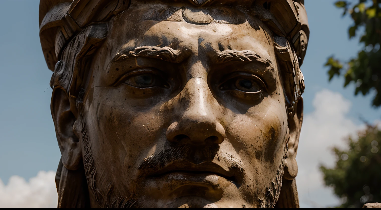Ancient Stoic Statue With Very Angry Expression, tem barba, muitos detalhes em ambos os olhos, Outside, fundo atenas grego, open sky, com rosto extremamente detalhado full body view, Colors with low saturation with dark tone, Filmado em Sony A7S III com Sony FE 35mm f/1.8, 12.1 MP, --AR 3:2 --estilo cru
