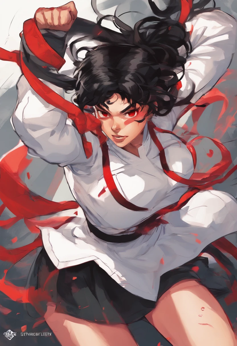 1teenage girl, crazy black hair, red eyes, short white t-shirt, long sleeves, long sleeves, short black skirt, thicc legs, long black stockings