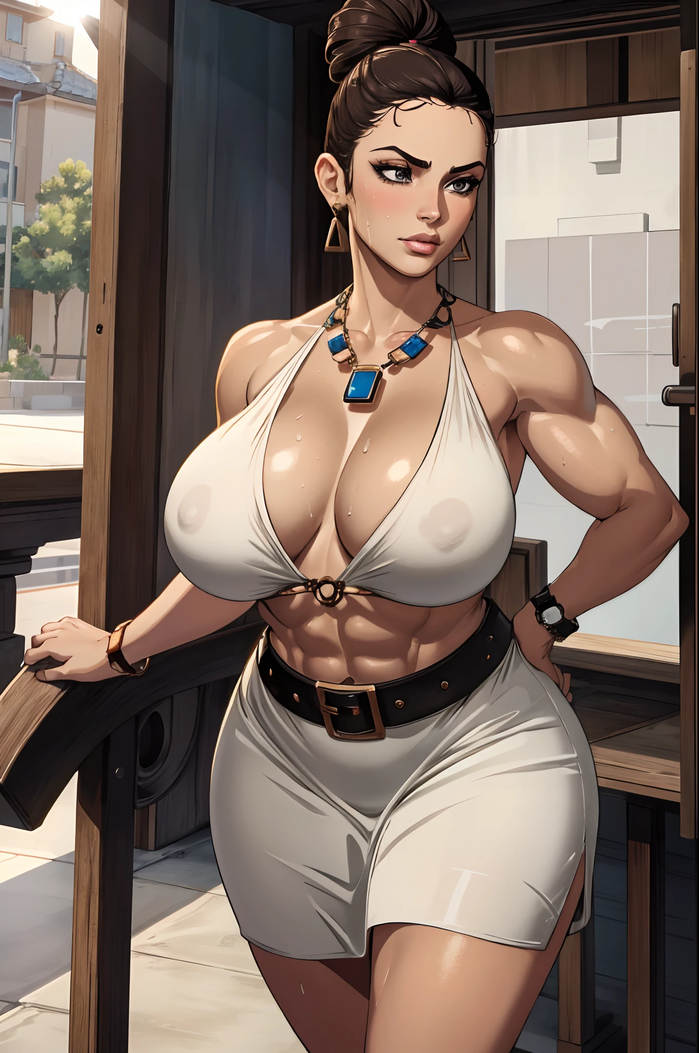 Excella_re5, bare shoulders, jewelry, earrings, belt, necklace, bracelet, lips, hair bun, no bra, short dress, curvy, watch, center opening, wristwatch, short hair, white dress, plunging neckline, hair pulled back, AS-MidAged, ((best quality)), ((masterpiece)), (detailed), (Giant breasts: 1.6), (Suspended breasts: 1.5), (Tight breasts: 1.3), (Bimbo: 1.4), (Ridiculous: 0.8), (Milf: 1.4), (Curvy: 1.3) looking at the viewer, muscular thighs, IFBB, gorgeous body, extremely realistic, visually rich, high definition, high quality texture, high quality shadow, beautiful detailed, detailed texture, a realistic representation of the face, colorful, delicate, cinematic light, side light, lens flare, wide hips, smooth midriff, mature female, milf, narrow waist, seductive posture, sexy pose, alluring, horny face, oiled skin, large breasts, sweating, detailed background, depth of field, abs pack, 1girl, solo, curvy woman, oily breasts, sweaty breast