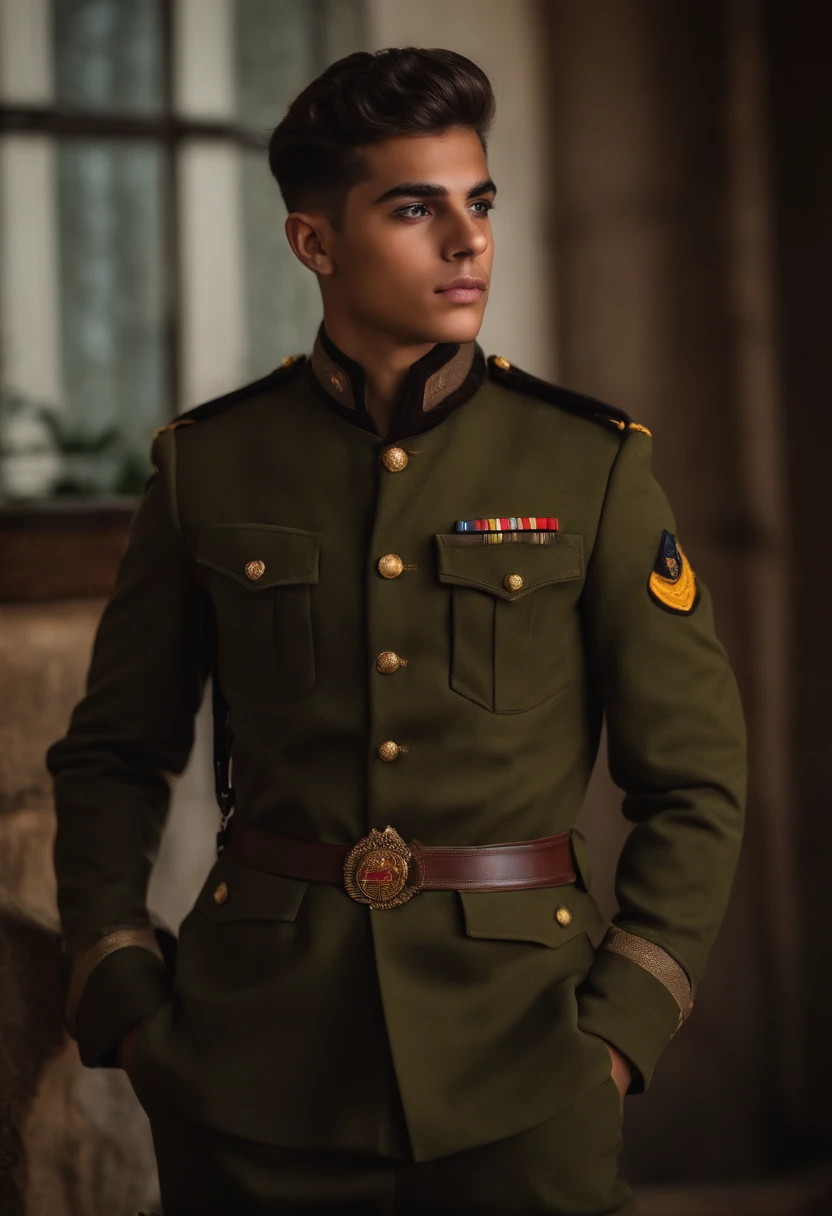 dmodelmodel, menino, adolescente, retrato, da frente, traje dia a dia, pele natural, pensativo, corte de cabelo militar, , estudio de fotografia profissional, 8k, full hd