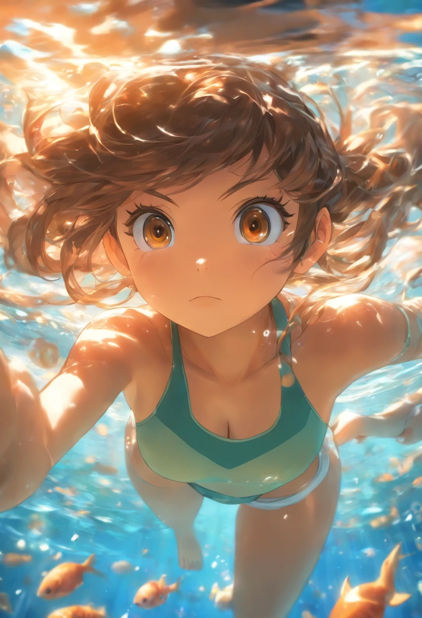 foreshortening,  depth of field, masterpiece, best quality, 1girl, brown hair, brown eyes,  long hair, underwater, air bubble, solo, looking at viewer, school swimsuit, swimming,  dappled sunlight, wwith more light