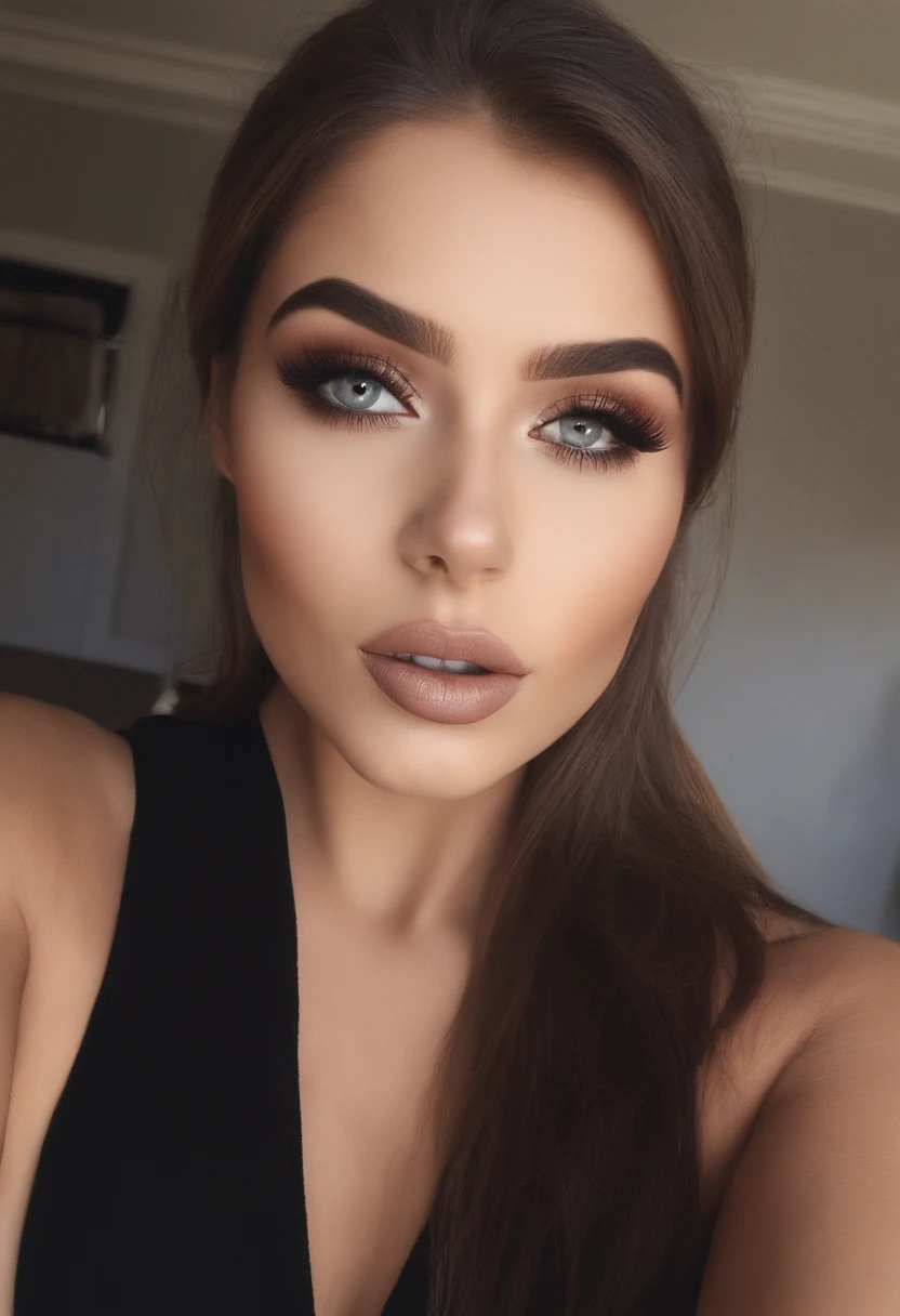 Arafed mujer completamente , Chica sexy con ojos marrones, realista, meticulosamente detallado, Retrato Sophie Mudd, Voluminous brown hair and large eyes, selfie de una mujer joven, Camera eyes, Violeta Myers, maquillaje, Maquillaje natural, staring directly into camera, Cara con Artgram, Maquillaje sutil, Gran foto de todo el cuerpo arrodillado en la cama, in the room, Busto mediano a grande,