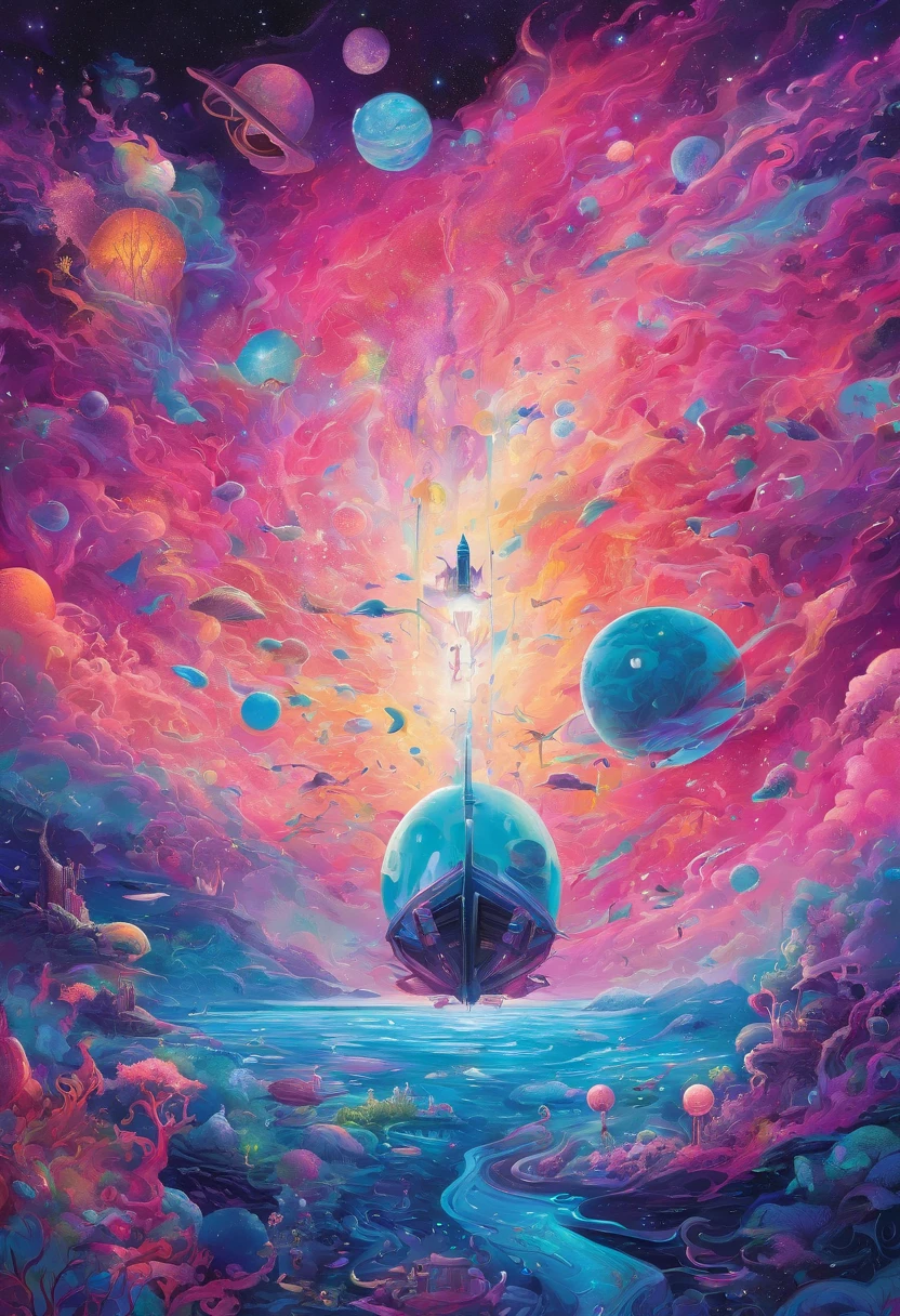 "(Best quality,A high resolution,Masterpiece:1.2),Vivid colors,Ultra-detailed,Flying jellyfish and whales in space,view of the cosmos,Colorful nebula,glittering stars,Fragile beauty,Otherworldly creatures,Ethereal atmosphere,Engaging anti-gravity scenes,Alien sea creatures,Swim gracefully in zero gravity,fantastic composition,Surreal celestial ballet,atranslucentbody,Bioluminescent traces,Illuminate the dark abyss,awe-inspiring spectacle,Turquoise tones,Indigo and violet,Interstellar exploration,Pulsating energy,cohabiting peacefully,Harmony in the universe" Pink theme, pink gradient