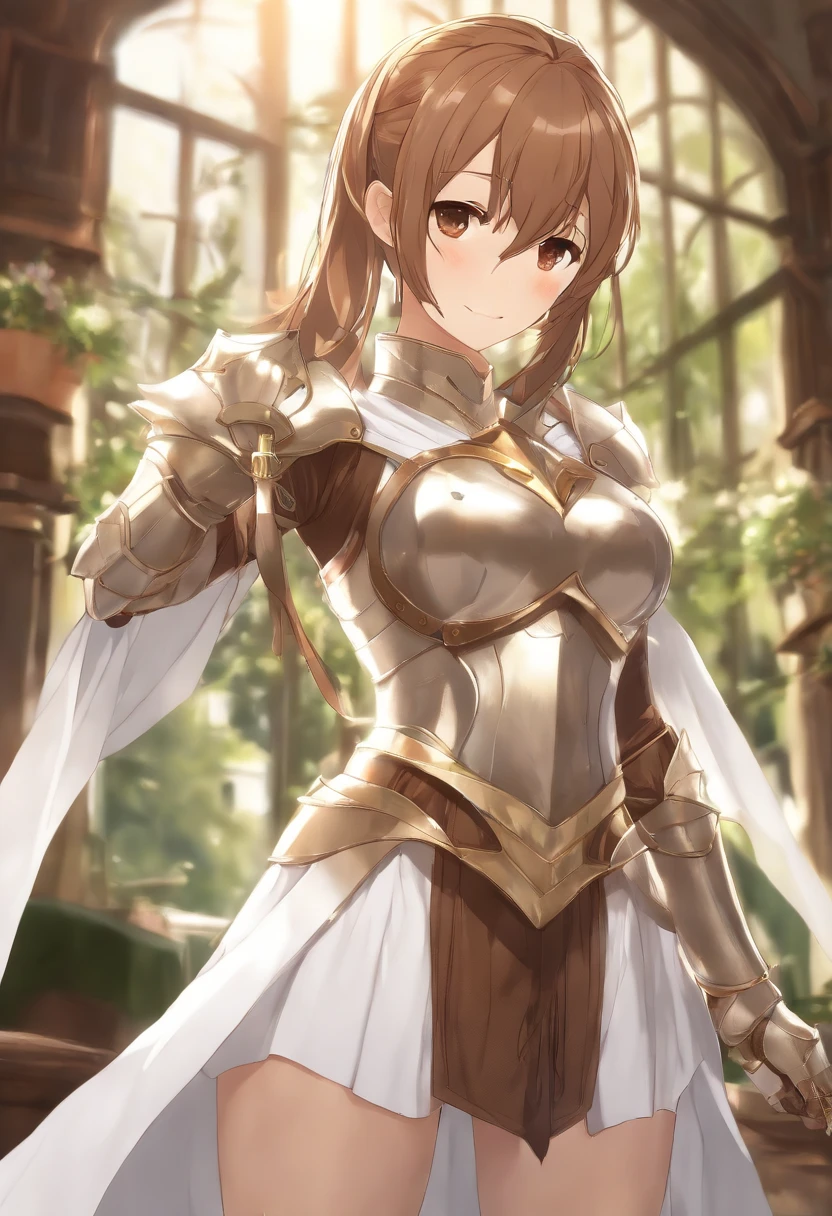 asuna, asuna_(sao), (1girl,solo) ,fantasy, highres, 19 yo, original, (wear in a sheath on waist:1.3), smile, (white knight wizard long cape:1.5), short hair, medium breasts, looking at viewer, bangs ,detailed hazel brown eyes, beautiful background, ((morning sun,Western-style private room)), hands on the chest,(brown hair,short ponytail:1.5), (platinum knight wizard full armor:1.55),short hair, standing,straight-on, abec,(full body:1.1), white thighhighs,(abec:1.4),
