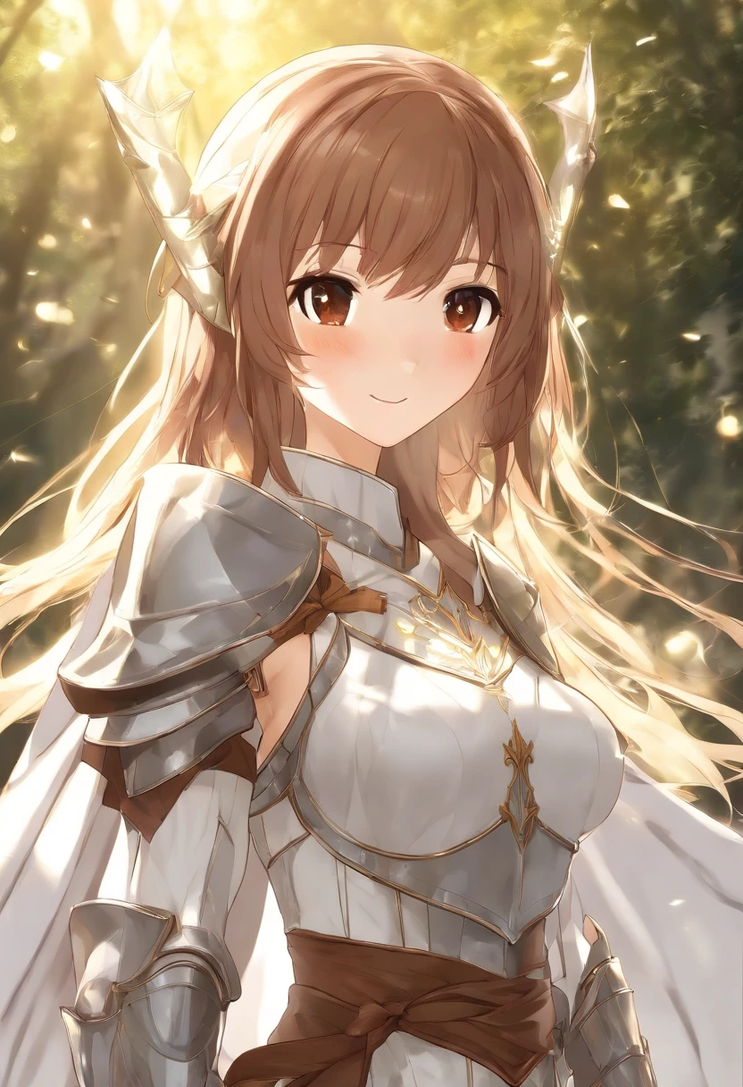 asuna, asuna_(sao), (1girl,solo) ,fantasy, highres, 19 yo, original, (wear in a sheath on waist:1.3), smile, (white knight wizard long cape:1.5), short hair, medium breasts, looking at viewer, bangs ,detailed hazel brown eyes, beautiful background, ((morning sun,Western-style private room)), hands on the chest,(brown hair,short ponytail:1.5), (platinum knight wizard full armor:1.55),short hair, standing,straight-on, abec,(full body:1.1), white thighhighs,(abec:1.4),
