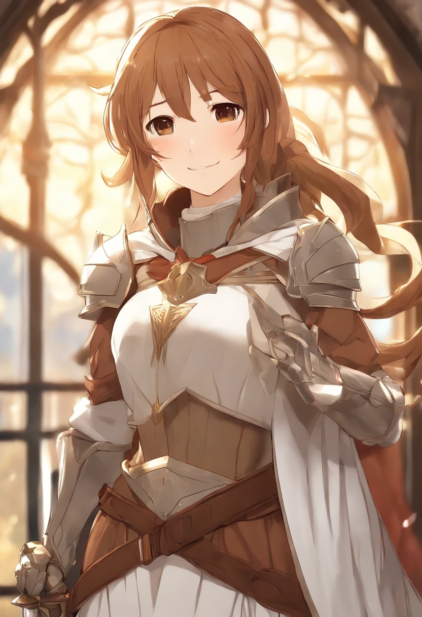 asuna, asuna_(sao), (1girl,solo) ,fantasy, highres, 19 yo, original, (wear in a sheath on waist:1.3), smile, (white knight wizard long cape:1.5), short hair, medium breasts, looking at viewer, bangs ,detailed hazel brown eyes, beautiful background, ((morning sun,Western-style private room)), hands on the chest,(brown hair,short ponytail:1.5), (platinum knight wizard full armor:1.55),short hair, standing,straight-on, abec,(full body:1.1), white thighhighs,(abec:1.4),