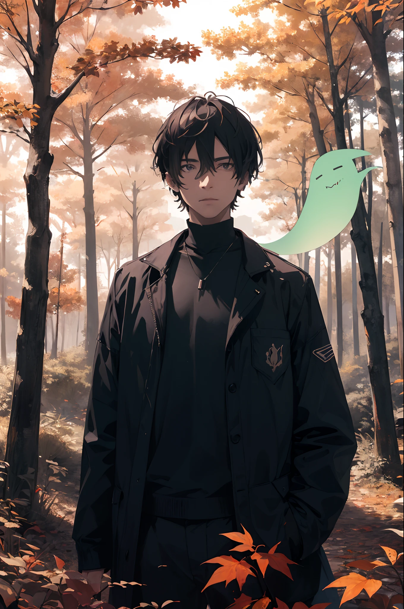 A ghost man in a forest in the colours of autumn