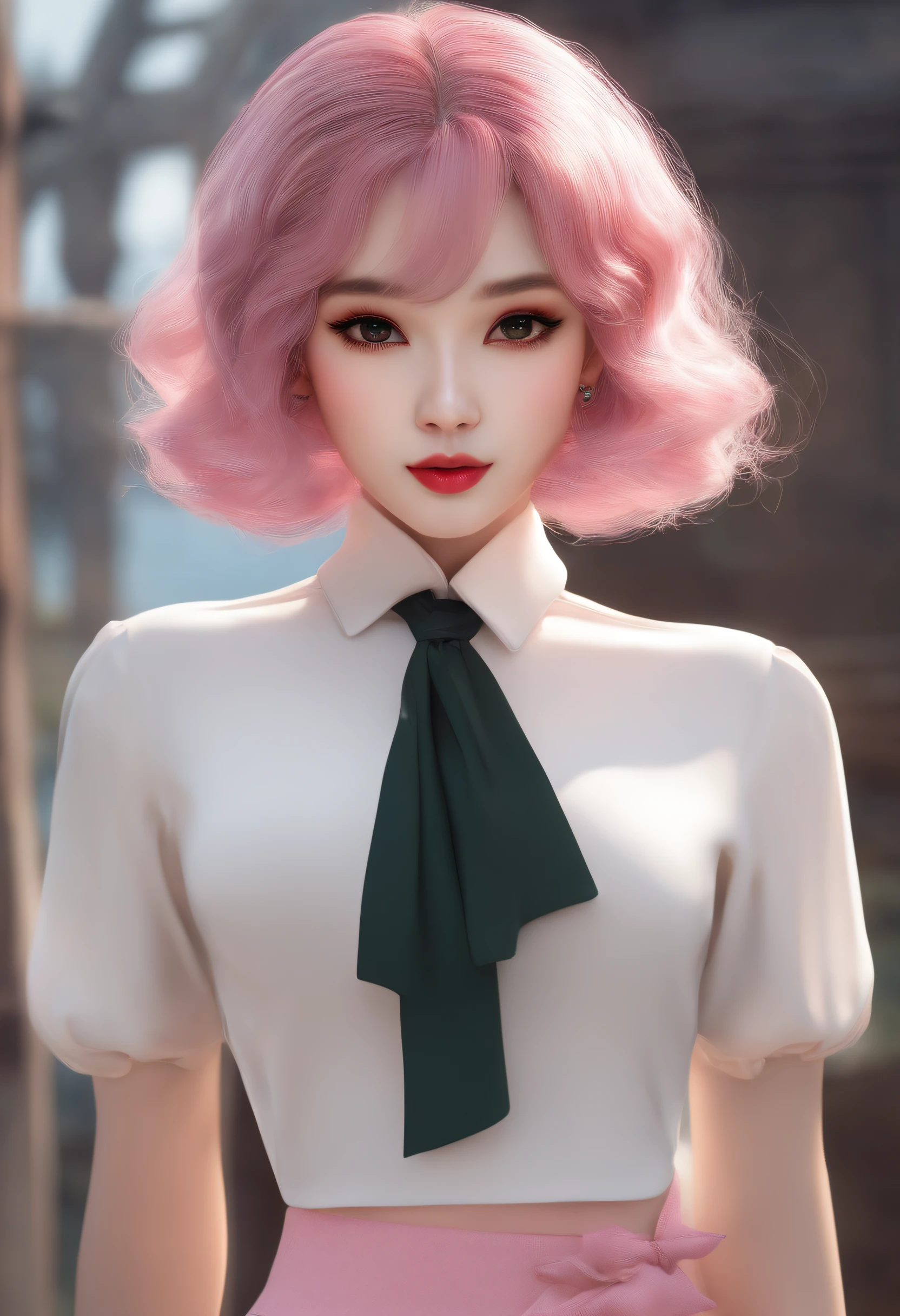 Realistic,pink short hair,White hairpin,cute face,Asia face,Water spirit's eyes,Small lips,small-nose,White color blouse,black cloaths,short skirt