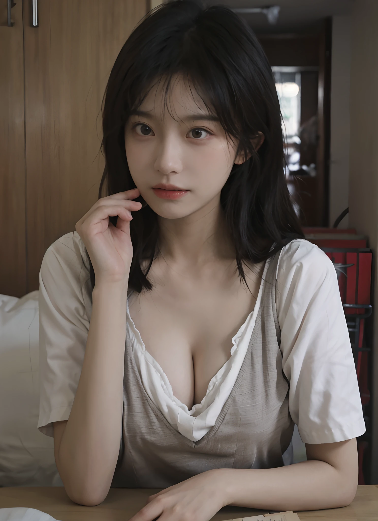 best qualtiy, 超高分辨率, (realisticlying:1.4), one-girl, A pair of clear and moving eyes,Royal Sister,Snow-white school uniform, (big cleavage breasts:1.2), looking at viewert, closeup cleavage ,