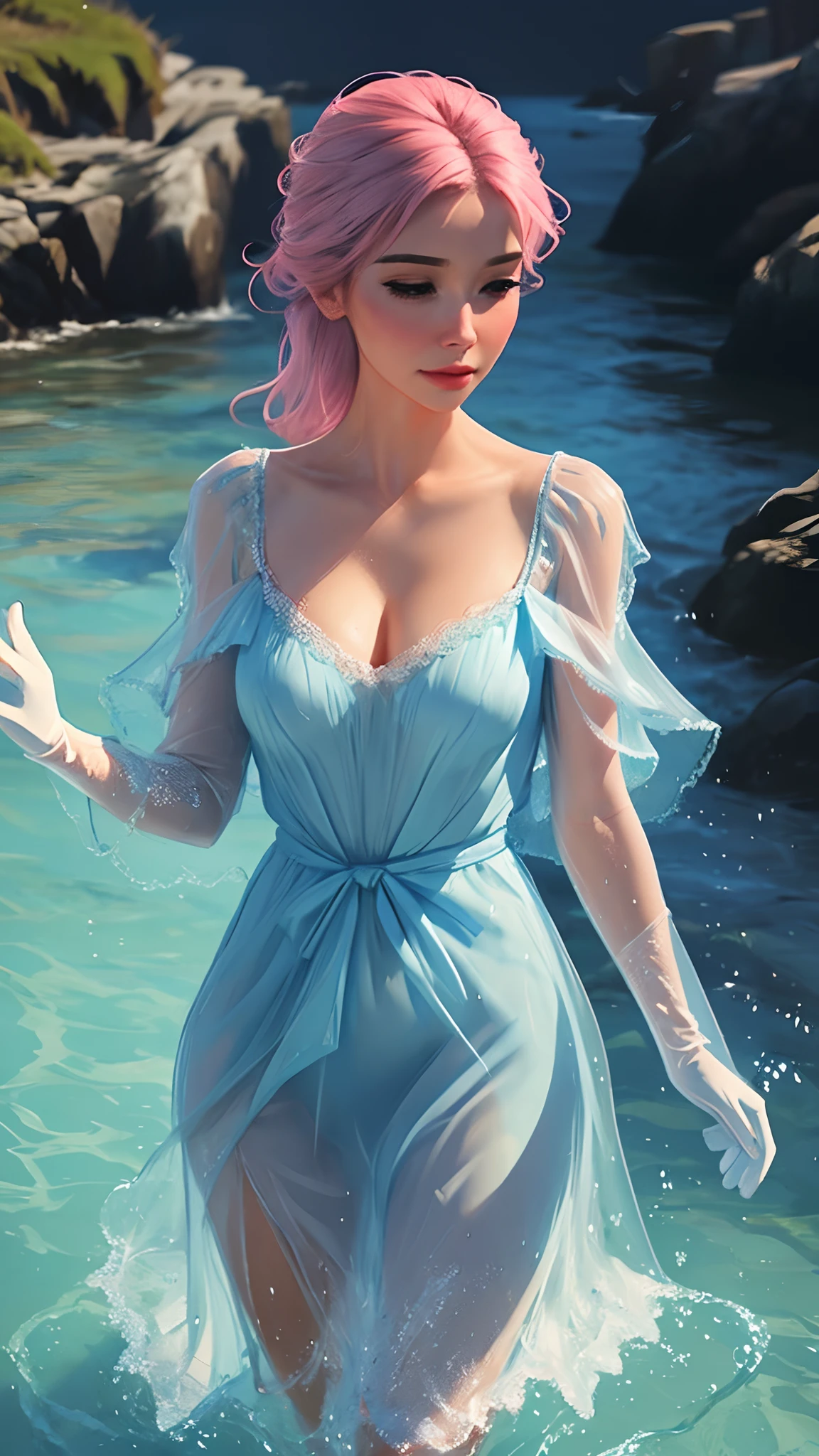 Woman in light blue dress walking to the sea, Long Pink Gloves, Elegant, closeup fantasy with water magic,((vague)), Beautiful maiden, wearing a dress made of water, cleavage, Look at viewers、Watch from below、realistic oil painting, Dripping wet, in water ...
