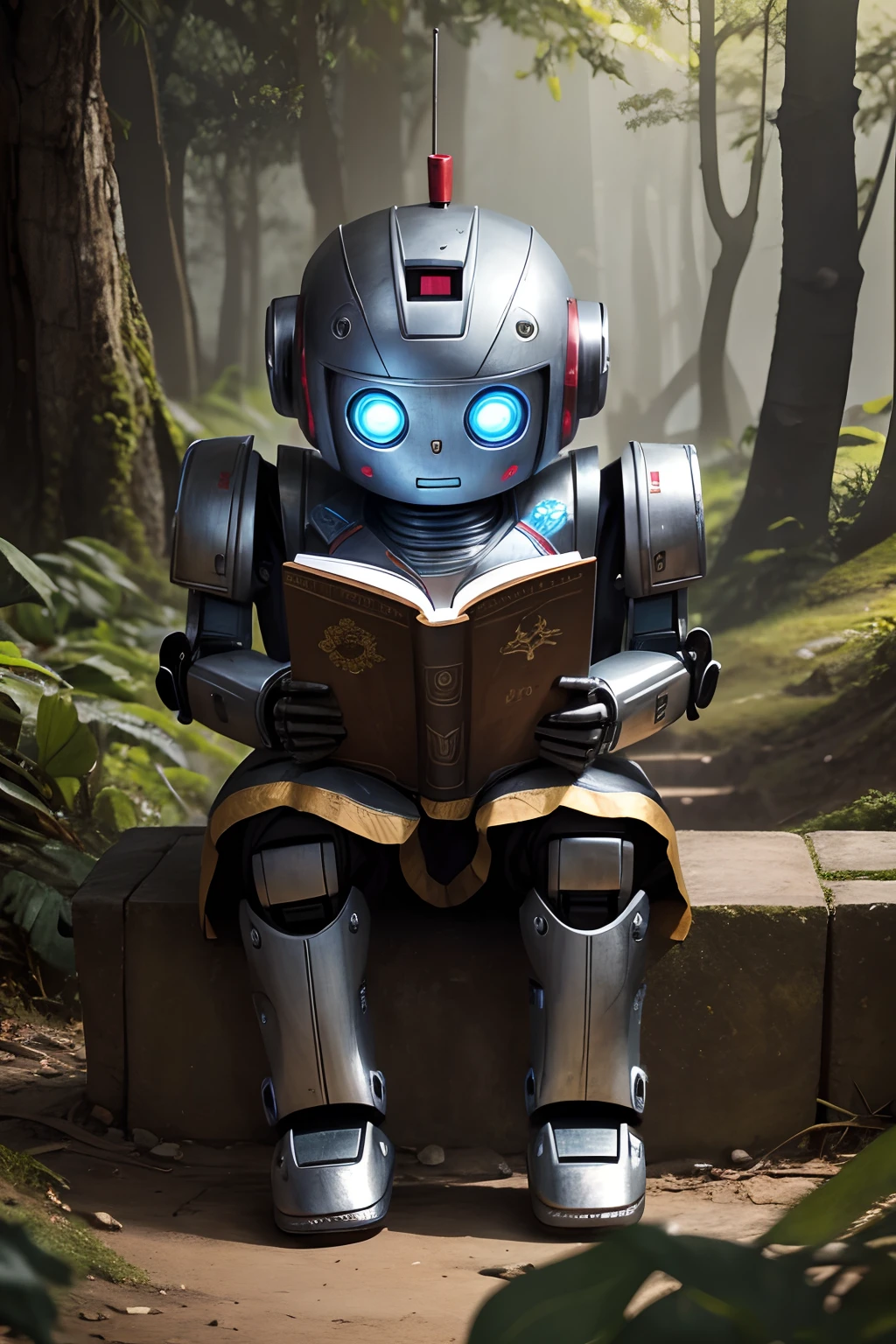 Cute little robot on aged metal, luzes brilhantes, The robot is reading a book at the foot of an Inca pyramid surrounded by forest.