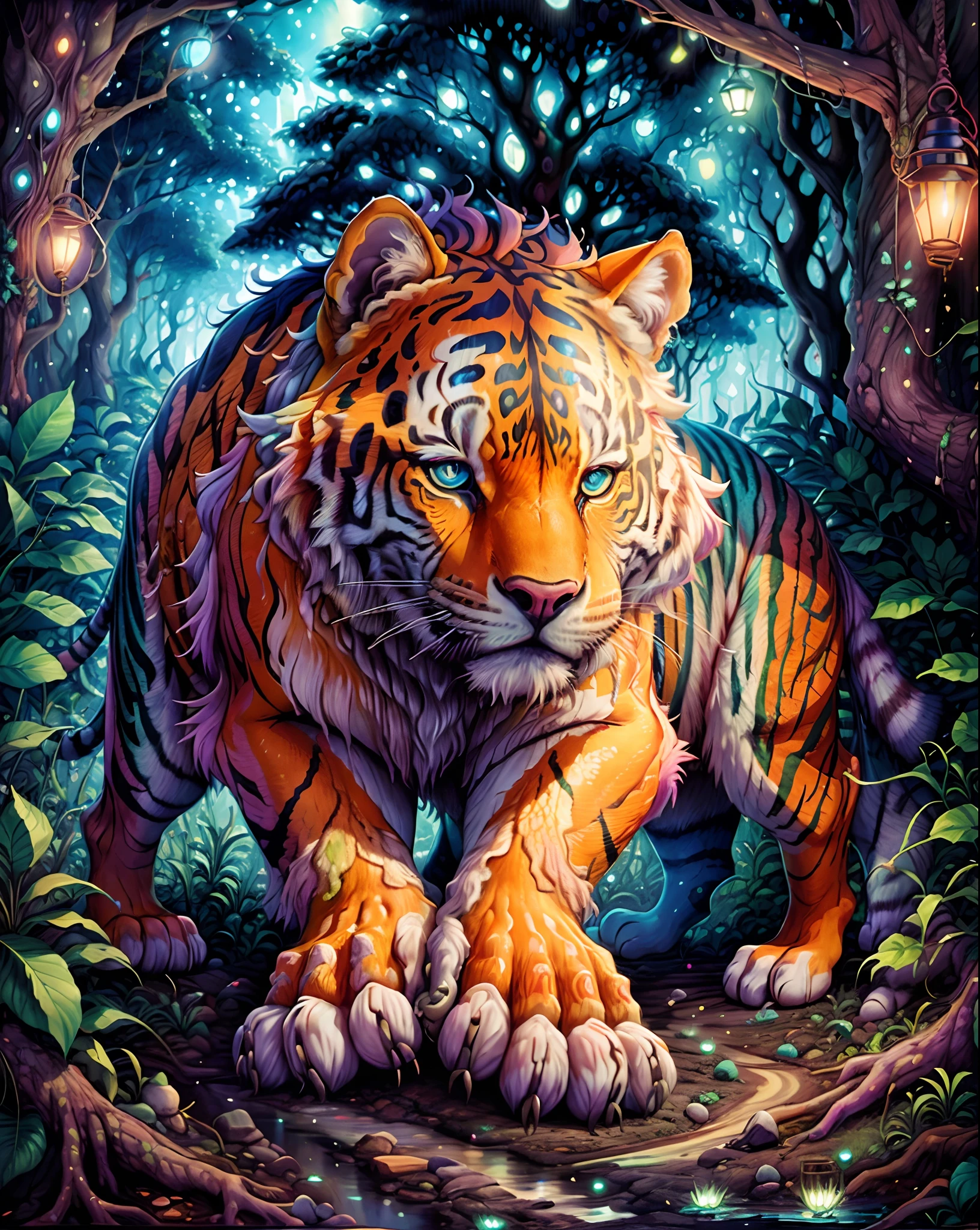 Tigre na floresta com luzes neon