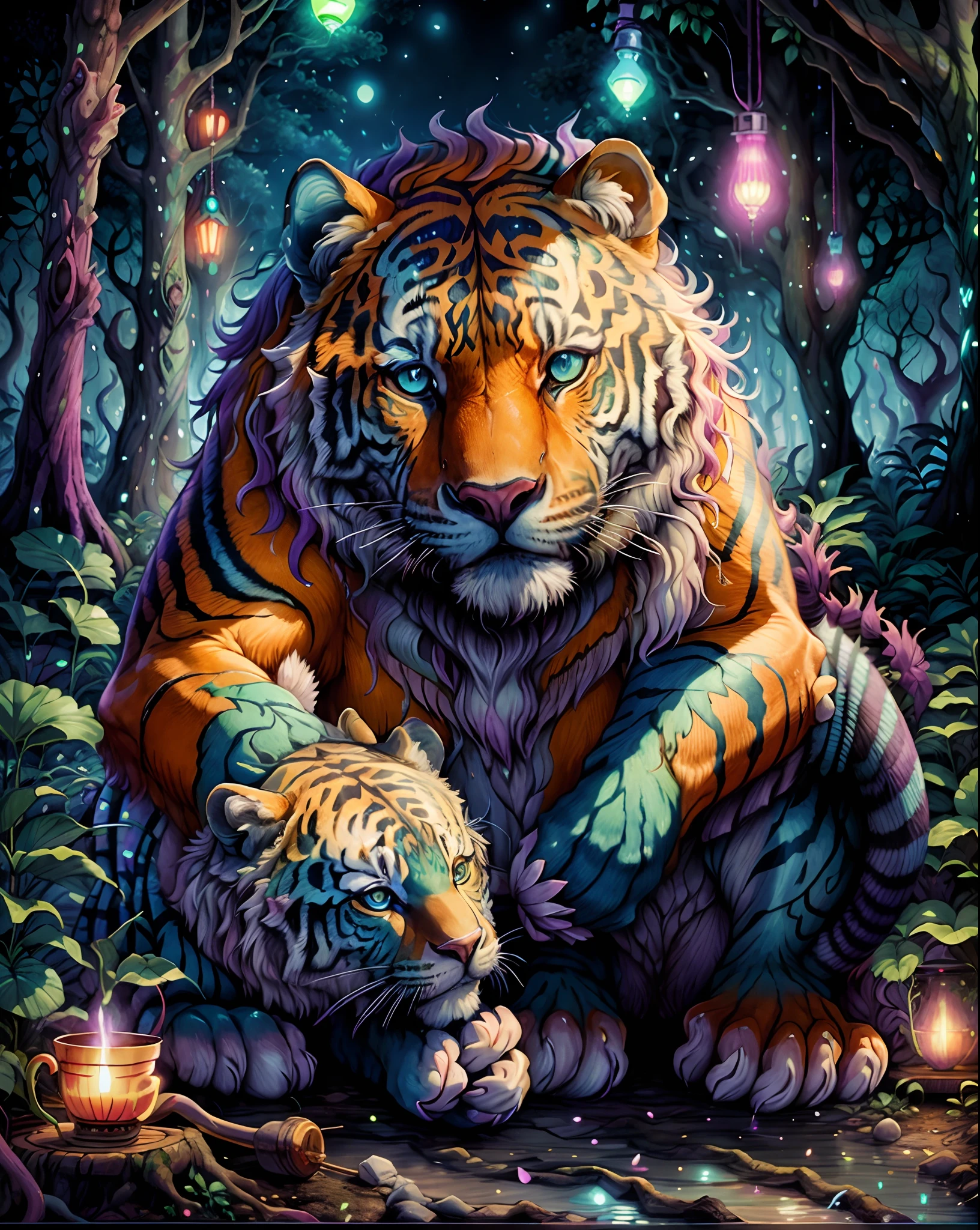 Tigre na floresta com luzes neon