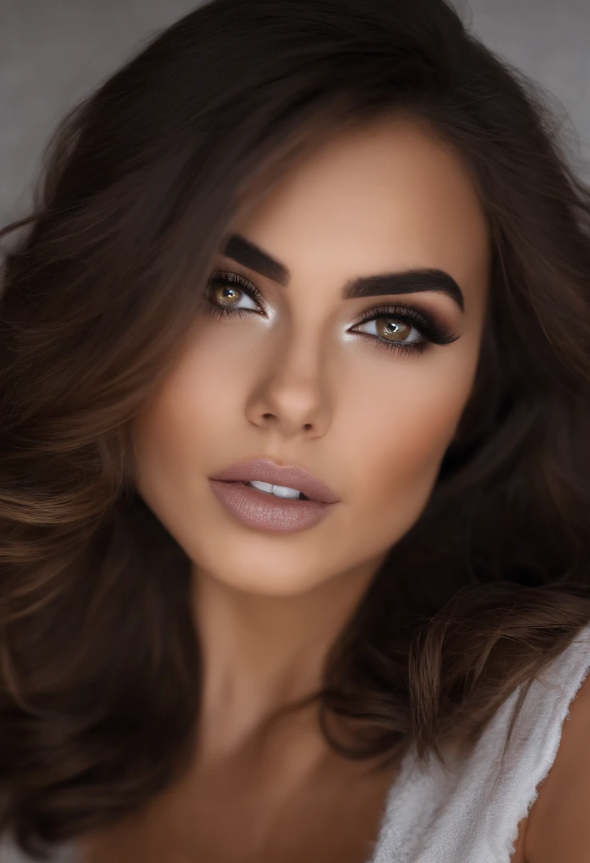 Arafed mujer completamente , Chica sexy con ojos marrones, realista, meticulosamente detallado, foto cuerpo completo, Voluminous brown hair and medium eyes, selfie de una mujer joven, Camera eyes, Violeta Myers, maquillaje, Maquillaje natural, staring directly into camera, Cara con Artgram, Maquillaje sutil, Gran foto de todo el cuerpo arrodillado en la cama, in the room, Busto grande.