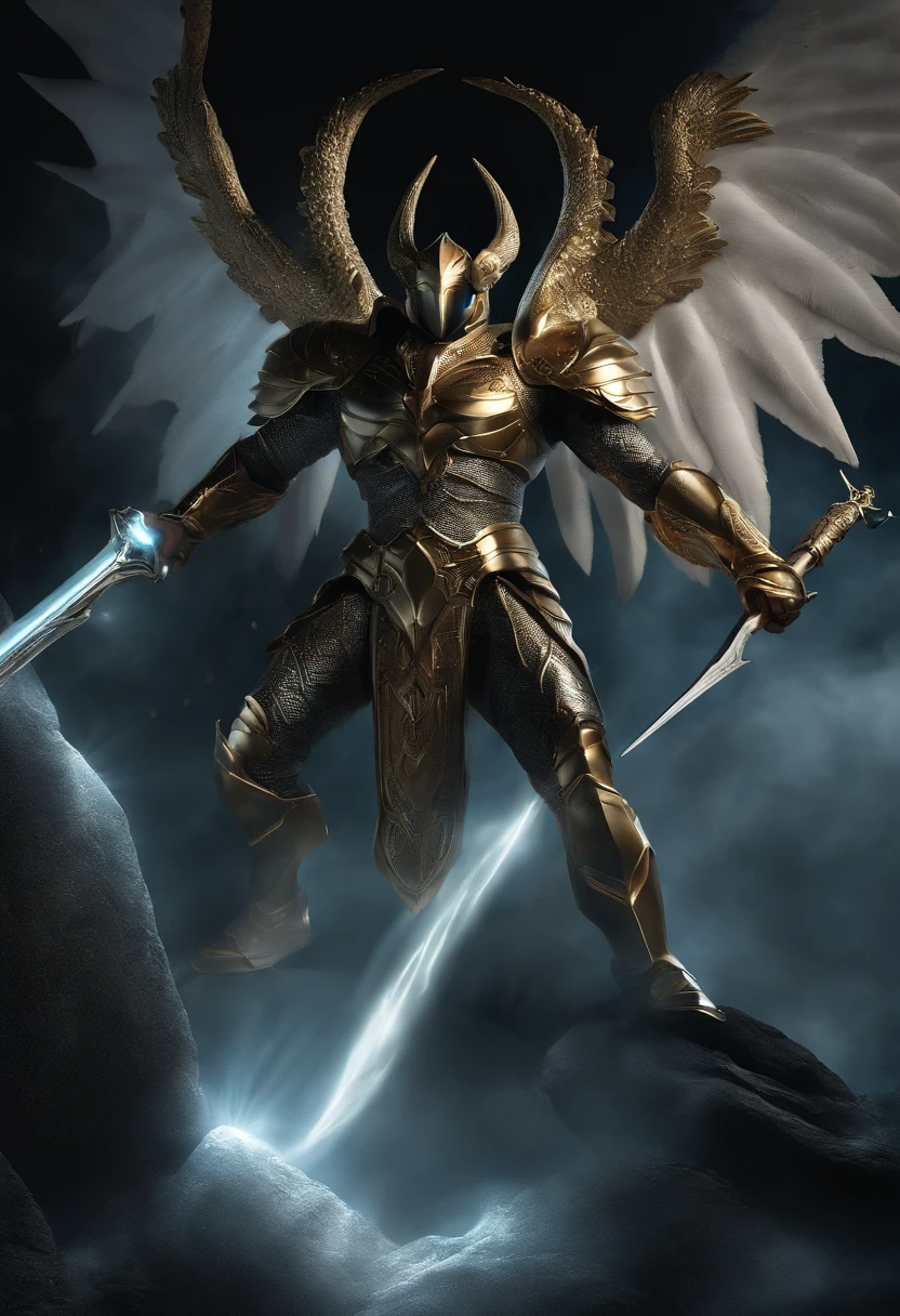 ((1 homem anjo)), Arcanjo Gabriel, ((1 homem)), Fighting the Dark Dragon, Archangel Gabriel fighting the dark dragon, olhos claros brilhantes, Biomechanicals, Rosto da Beleza, o Deus dos anjos, with a sparkling sword in his hands, Angel of justice , O mais belo dos anjos, cores muito brilhantes, light particles, com luz brilhante, Mshiff, Arte do papel de parede, papel de parede uhd