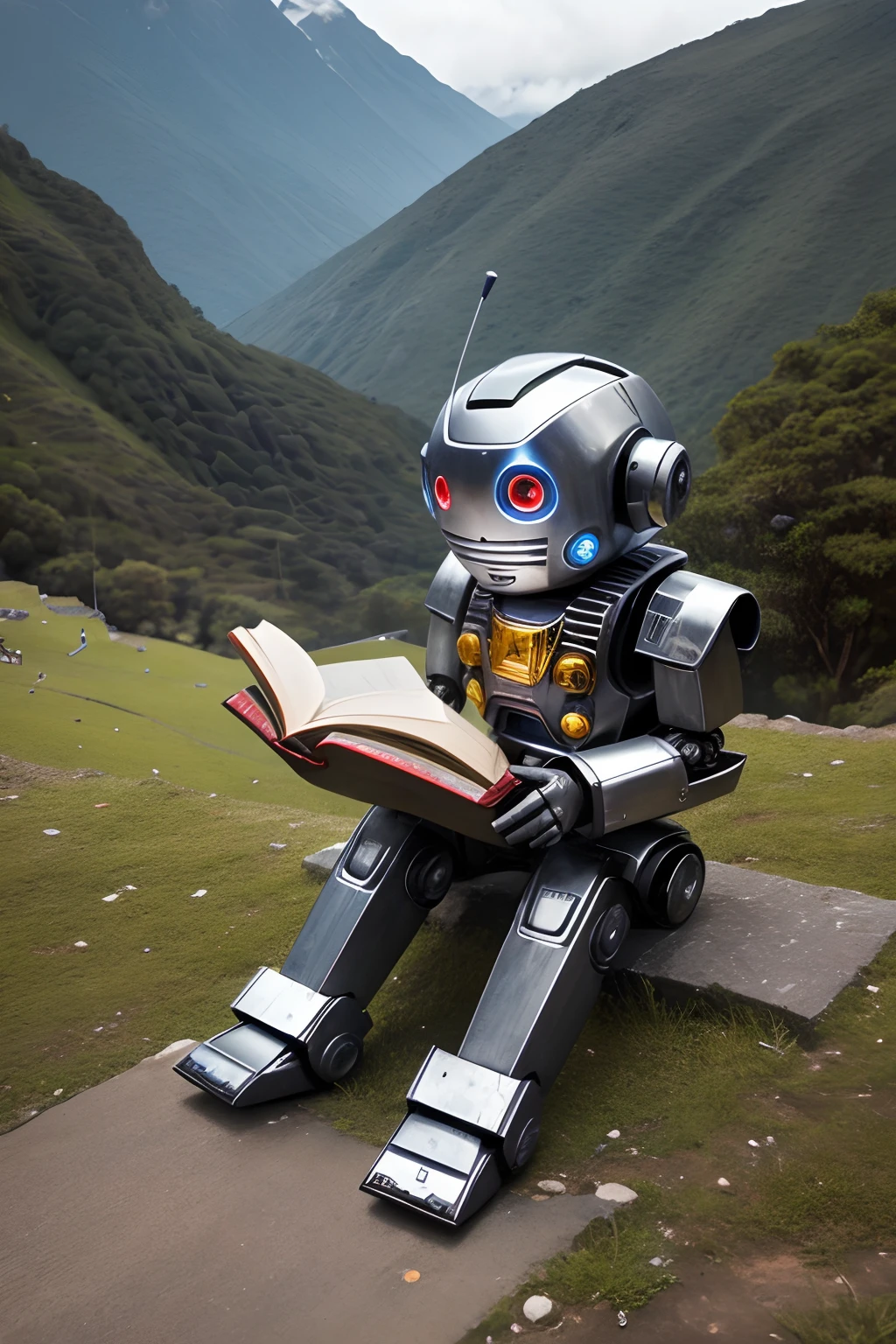 Cute little robot on aged metal, luzes brilhantes, The robot is reading a book at the foot of an Inca pyramid surrounded by forest.