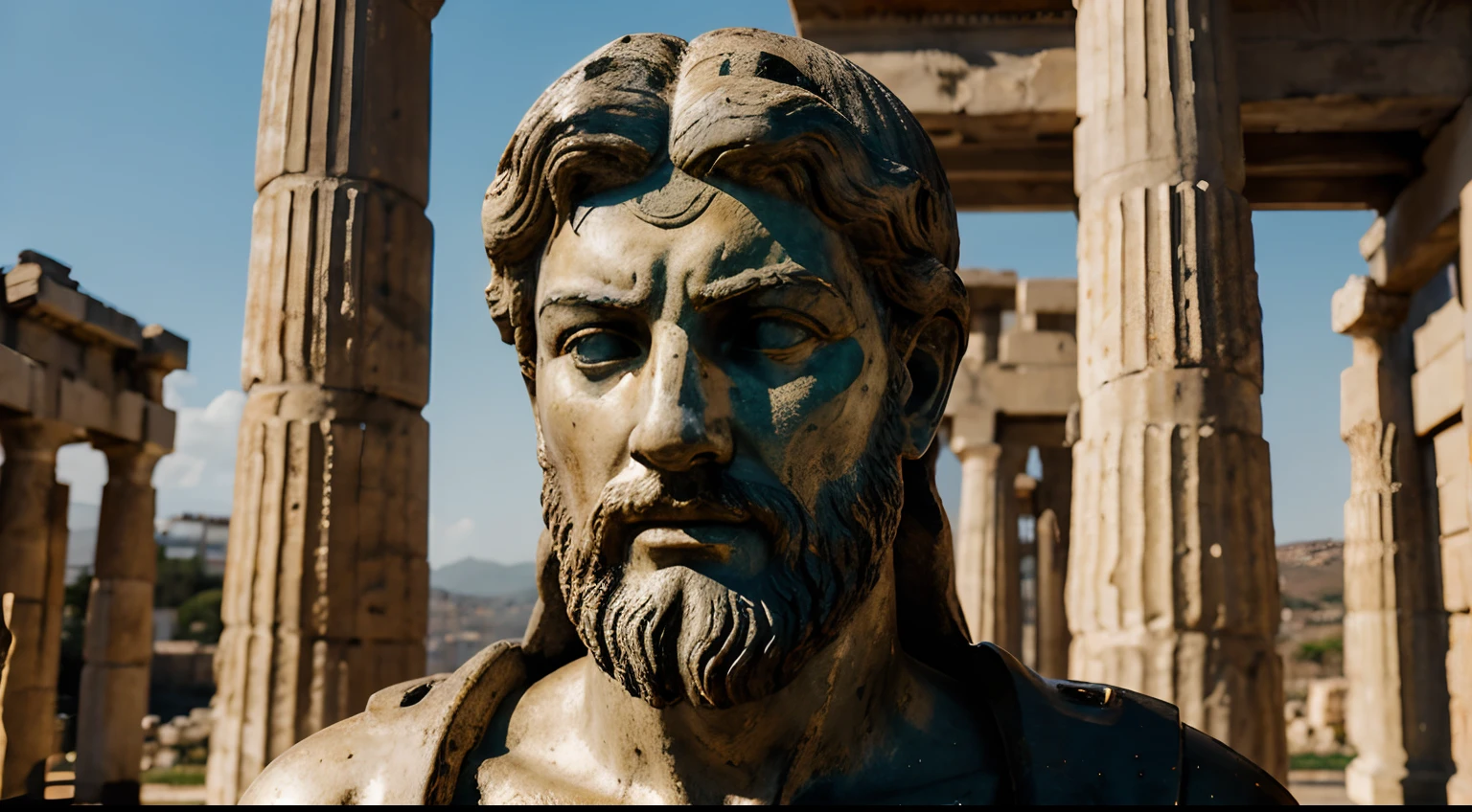 Ancient Stoic Statue With Very Angry Expression, tem barba, muitos detalhes em ambos os olhos, Outside, fundo atenas grego, open sky, com rosto extremamente detalhado full body view, Colors with low saturation with dark tone, Filmado em Sony A7S III com Sony FE 35mm f/1.8, 12.1 MP, --AR 3:2 --estilo cru